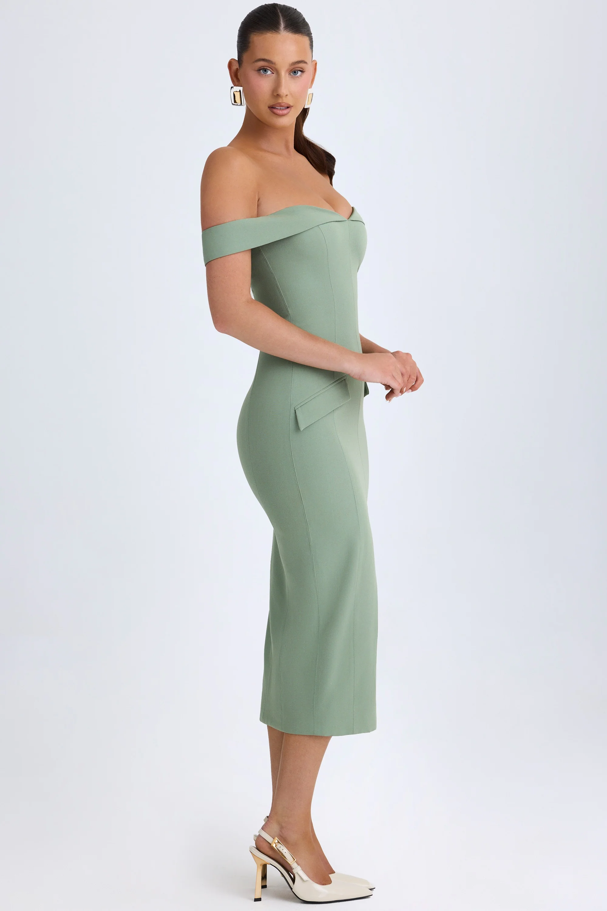 Off-Shoulder Midaxi Dress in Khaki Green - TREBLEV