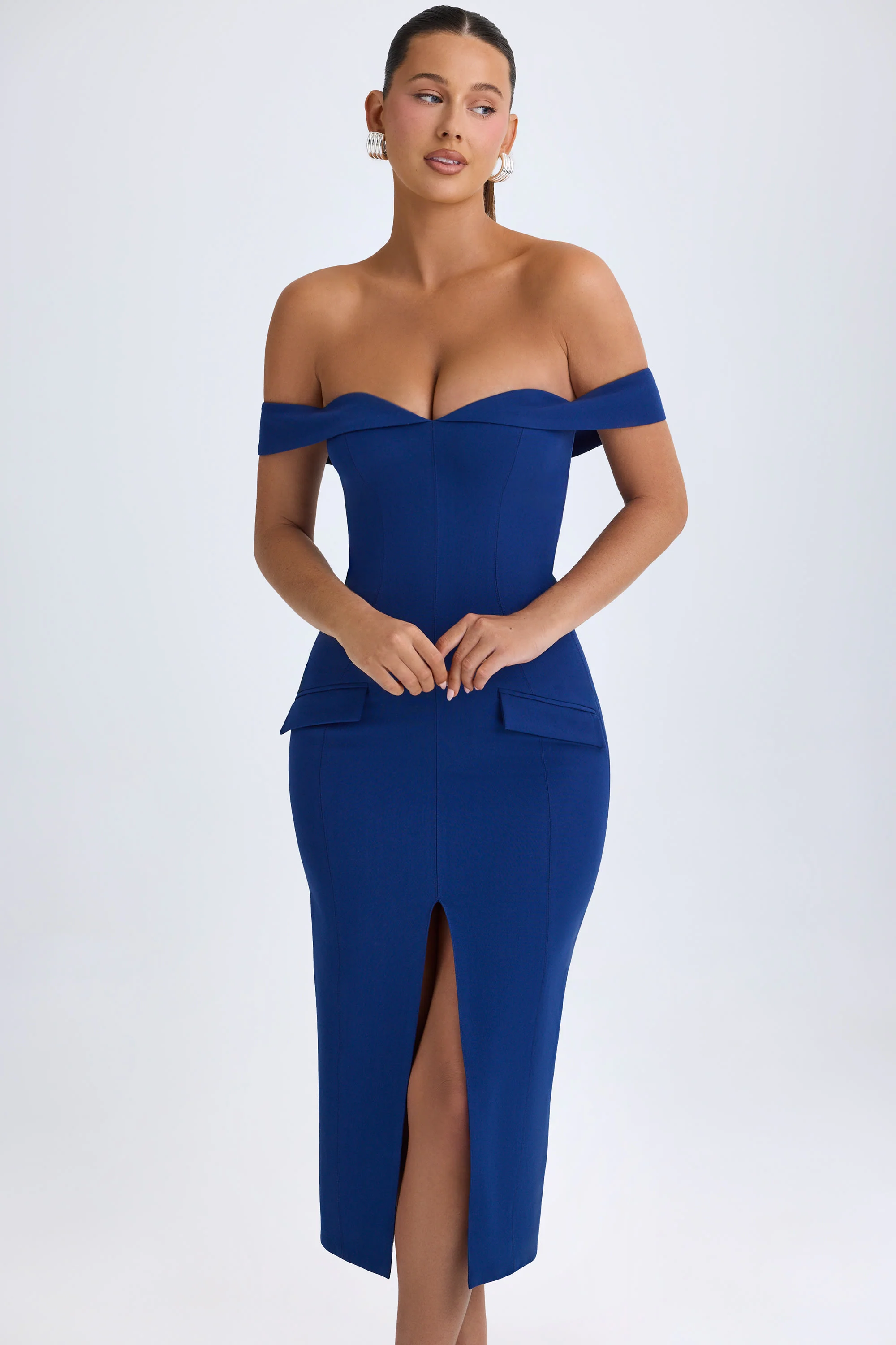 Off-Shoulder Midaxi Dress in True Navy - TREBLEV
