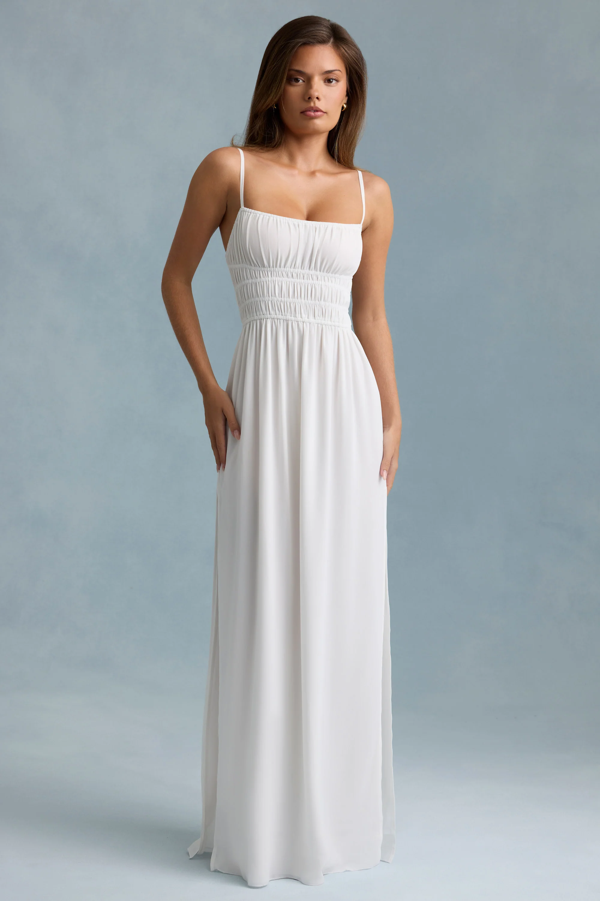 Shirred Camisole Maxi Dress in White - TREBLEV