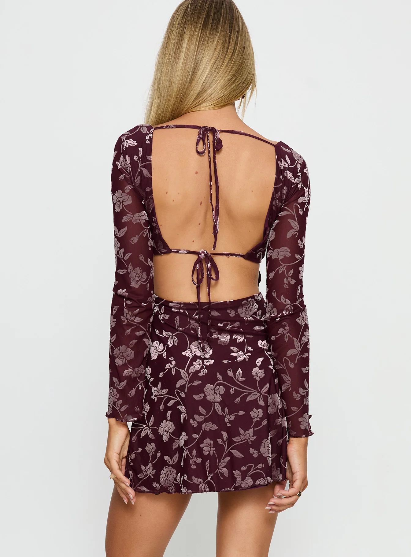 Raylena Long Sleeve V-neck Mini Dress Burgundy Floral - TREBLEV