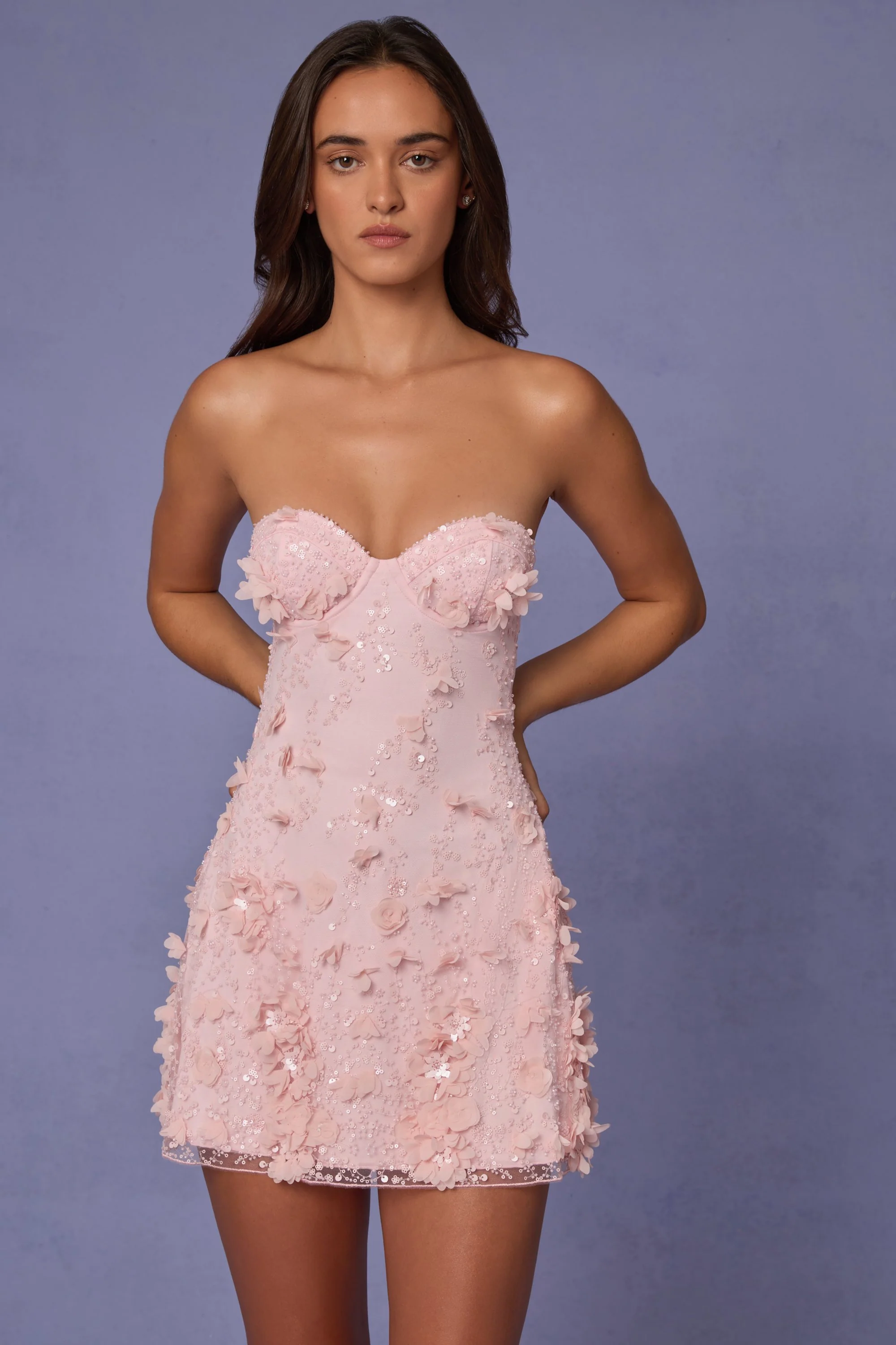 Embellished Bandeau A-line Mini Dress in Ballet Pink - TREBLEV
