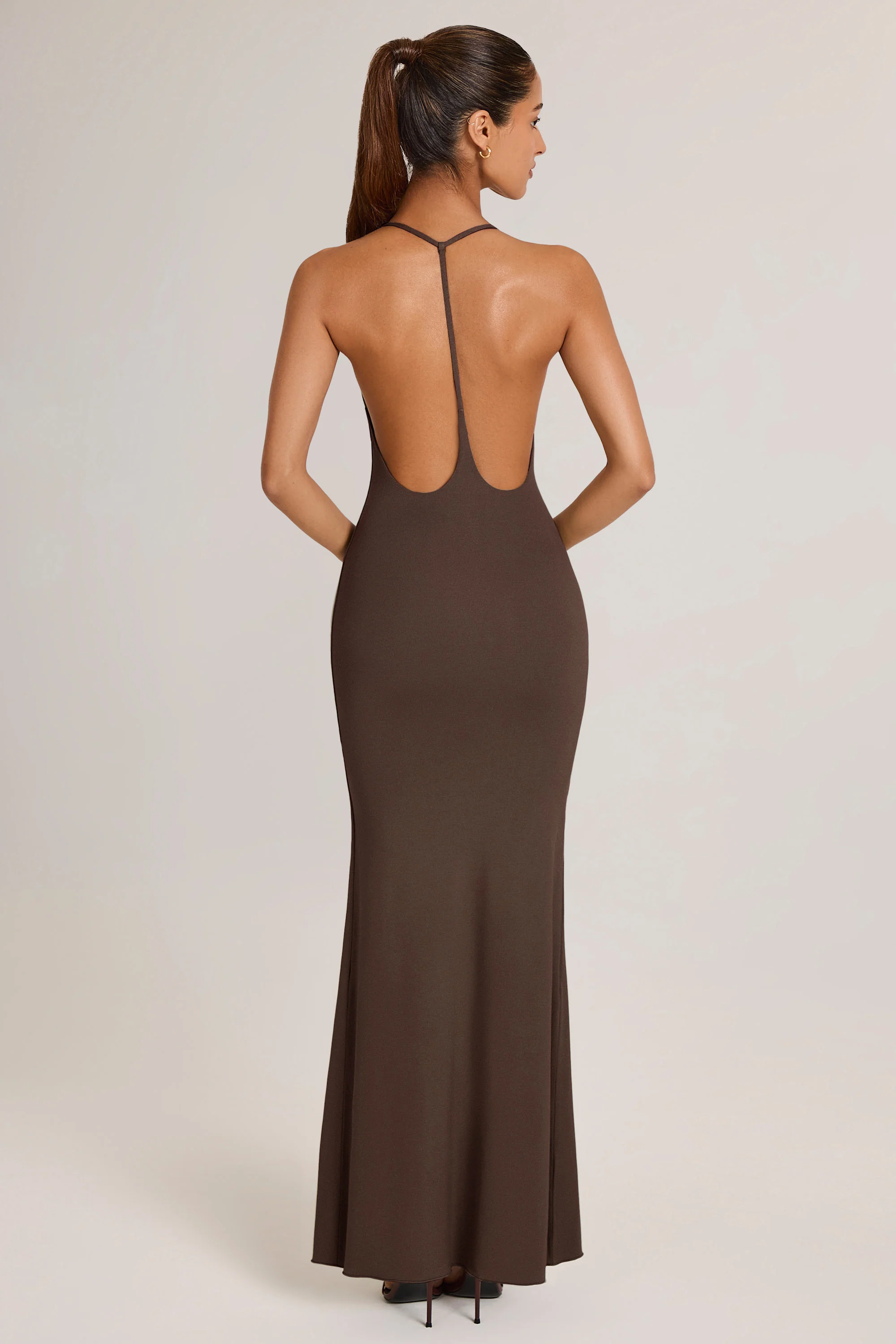 Modal Plunge Backless Maxi Dress in Chocolate Brown - TREBLEV