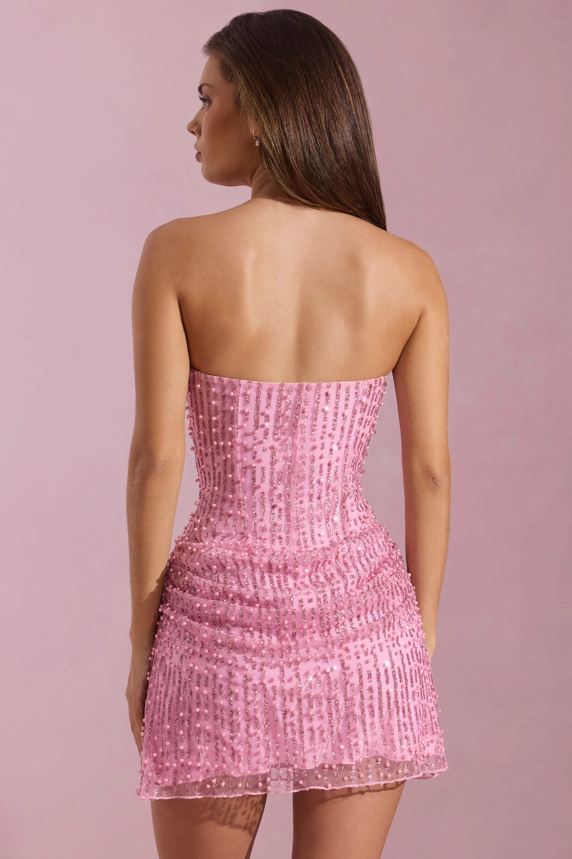 Embellished Draped Strapless A-Line Mini Dress in Pink - TREBLEV