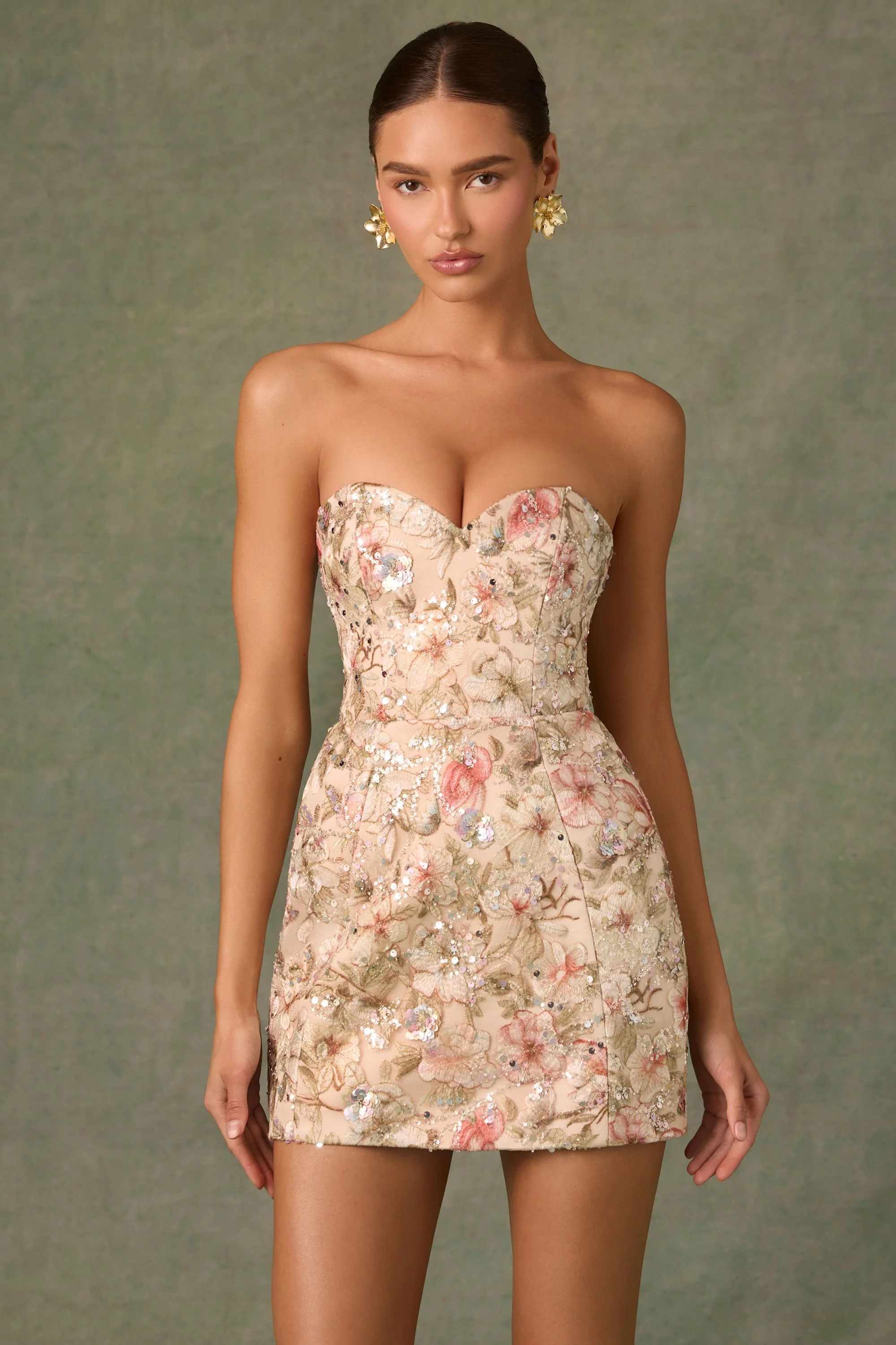 Embellished Strapless A-Line Mini Dress in Floral Beige - TREBLEV
