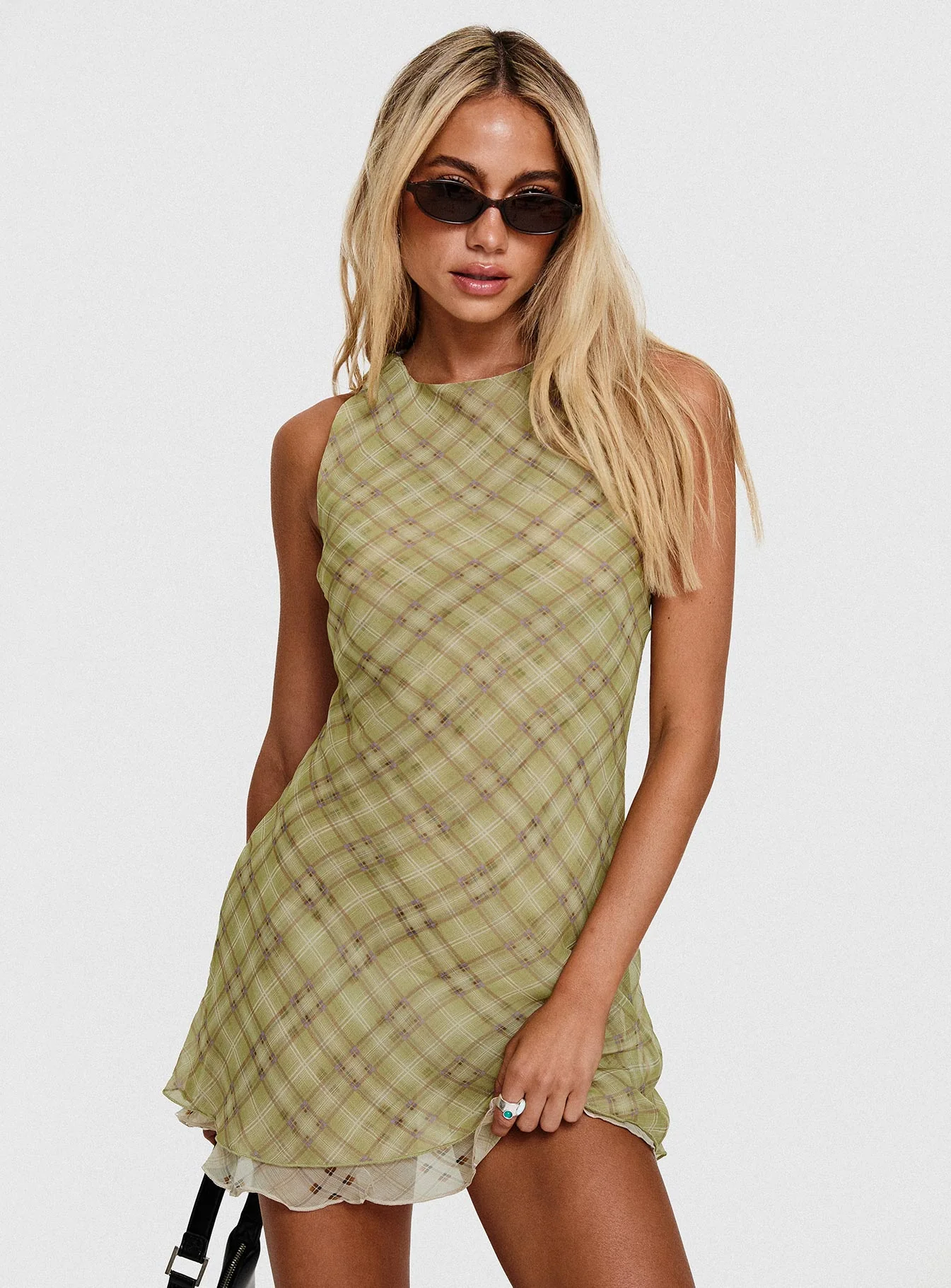 Buffie Shoulder Mini Dress Green Check - TREBLEV