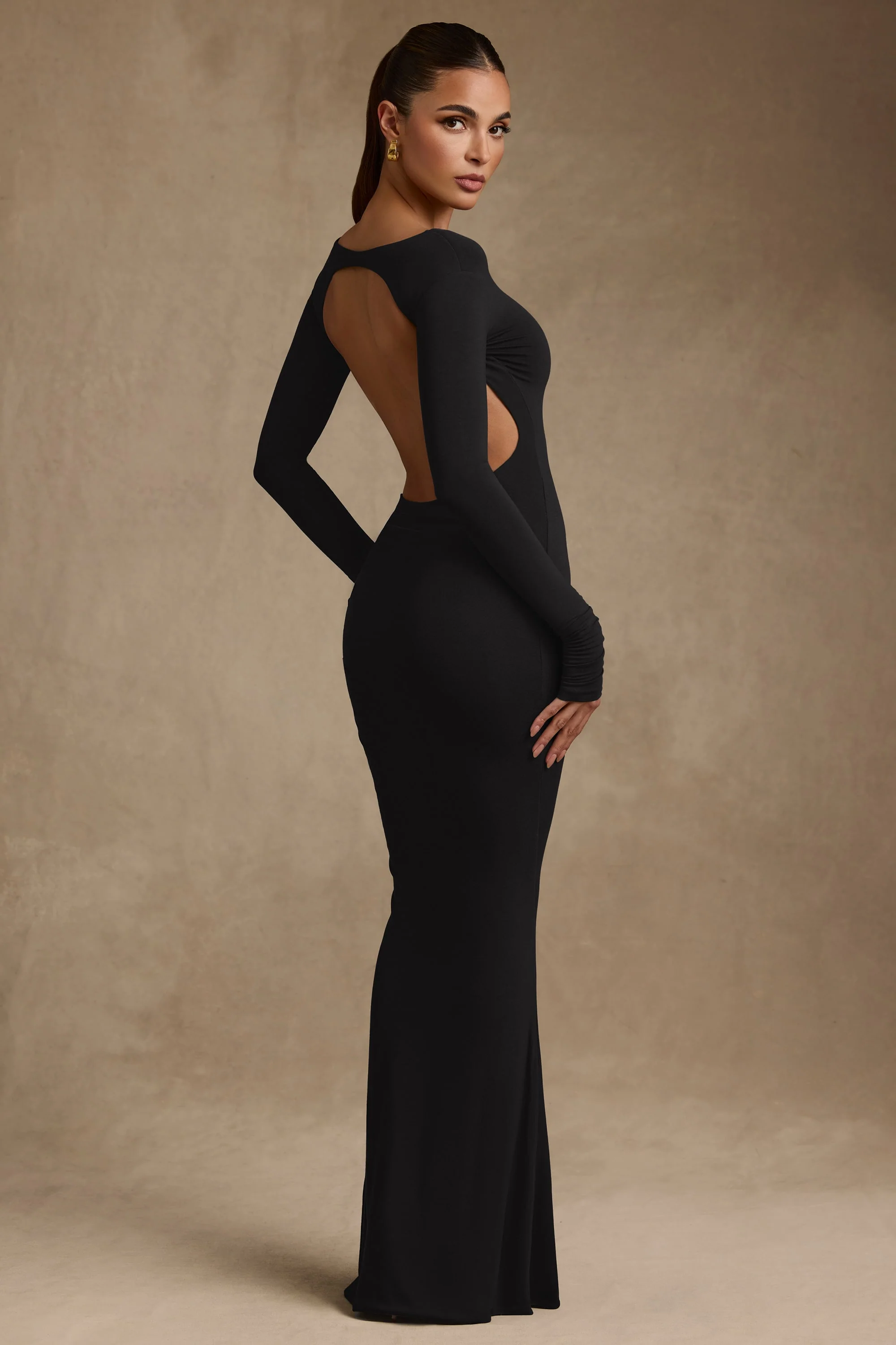 Modal Ruched Backless Maxi Dress in Black - TREBLEV