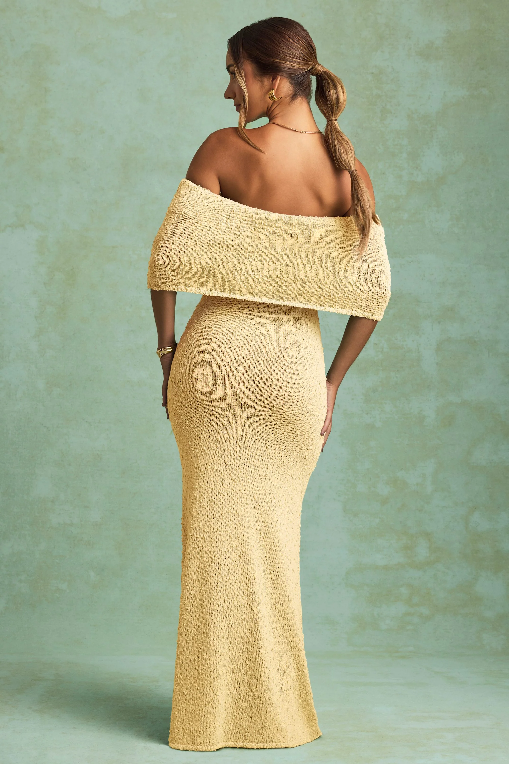 Bouclé Off-Shoulder Maxi Dress in Yellow - TREBLEV
