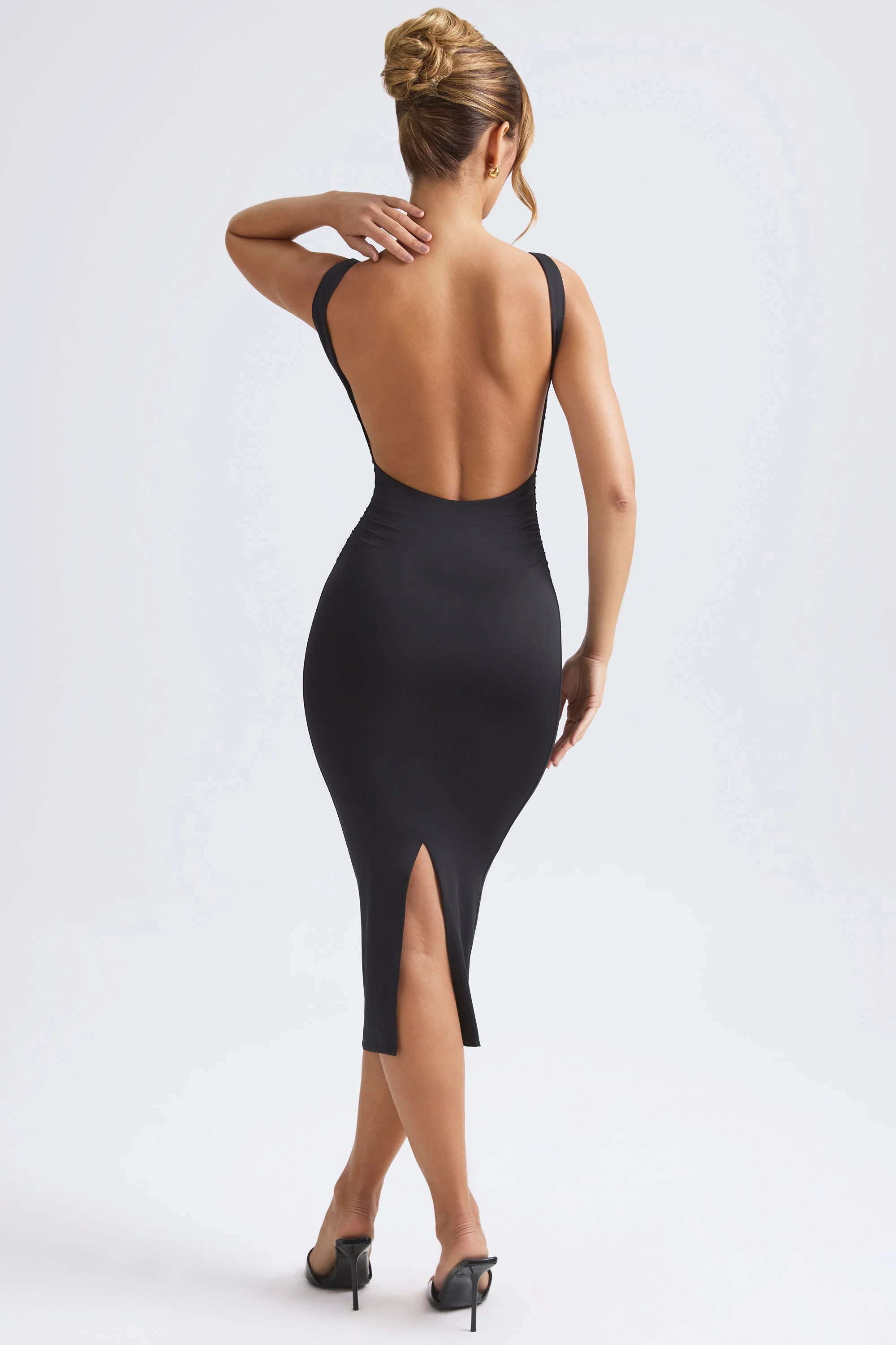 Ruched Open-Back Midaxi Dress in Black - TREBLEV