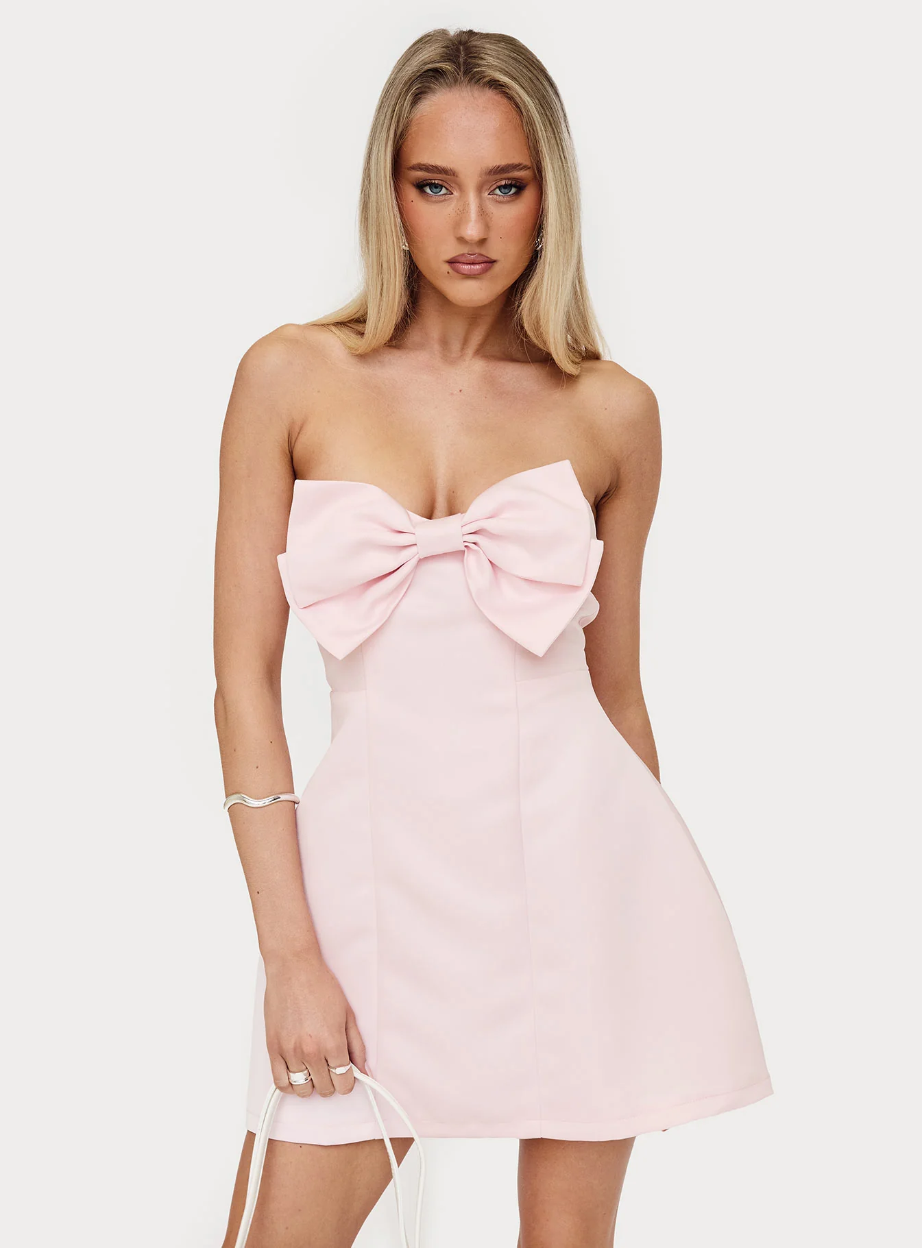 Genevie Strapless Bow Bust Mini Dress Light Pink - TREBLEV
