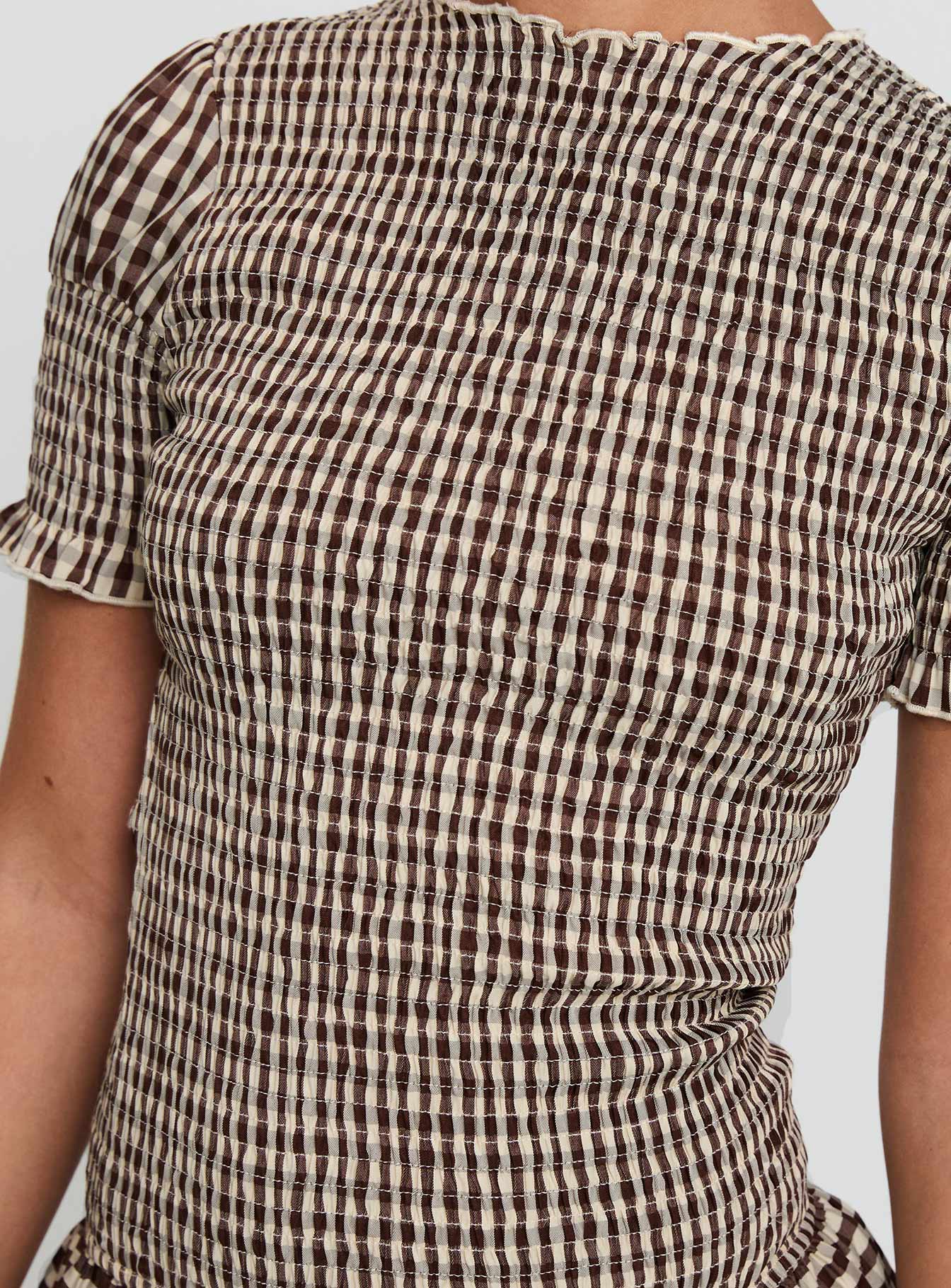 Laurita Shirred Mini Dress Brown Check - TREBLEV