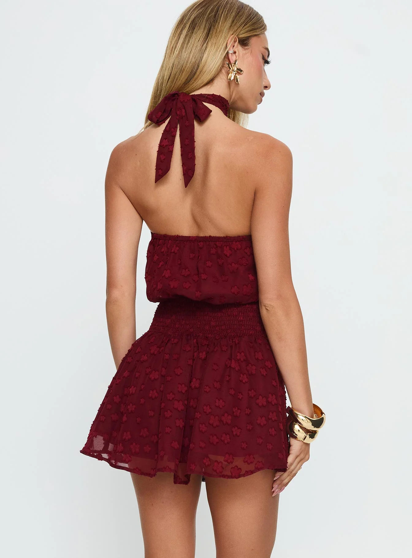Eurythmic Scarf Halter Mini Dress Burgundy Jacquard - TREBLEV