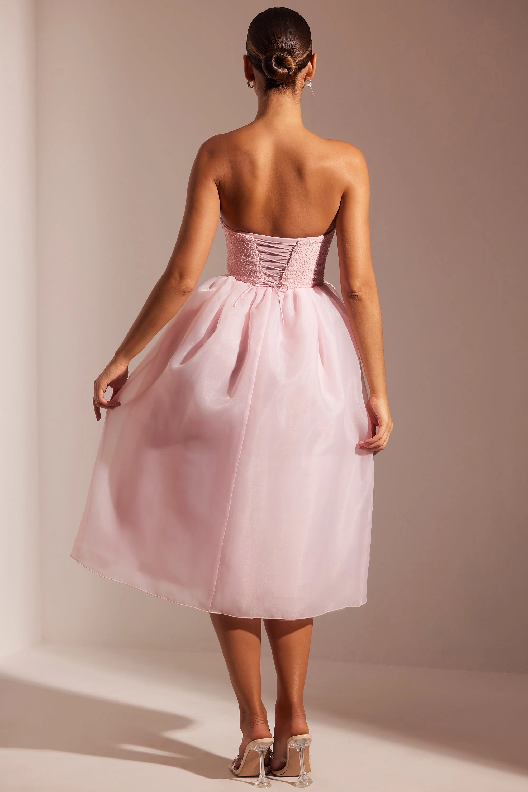 Embellished Corset Tulle Skirt Midi Dress in Blush - TREBLEV