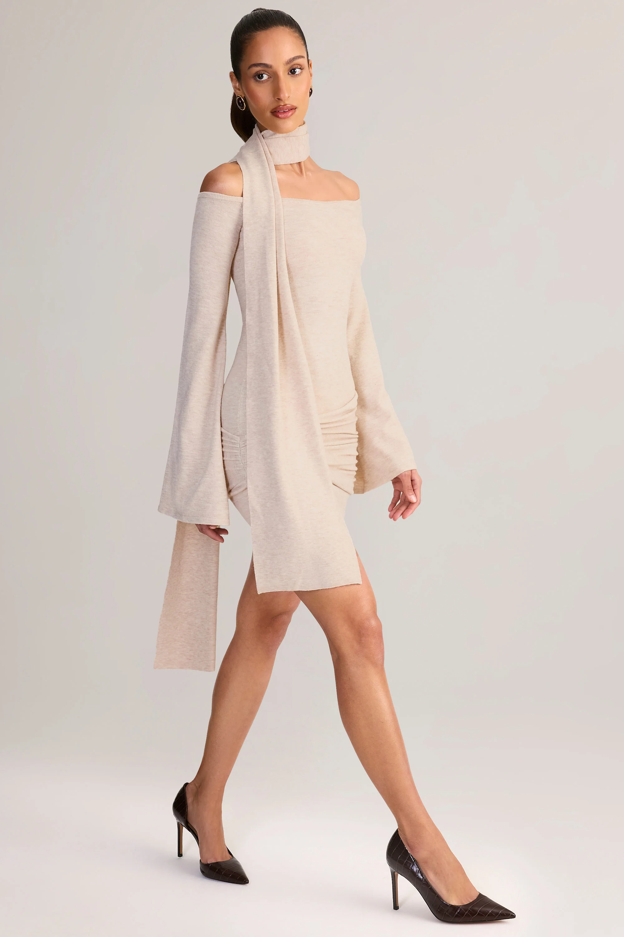 Knit Scarf-Detail Off-Shoulder Mini Dress in Cream - TREBLEV
