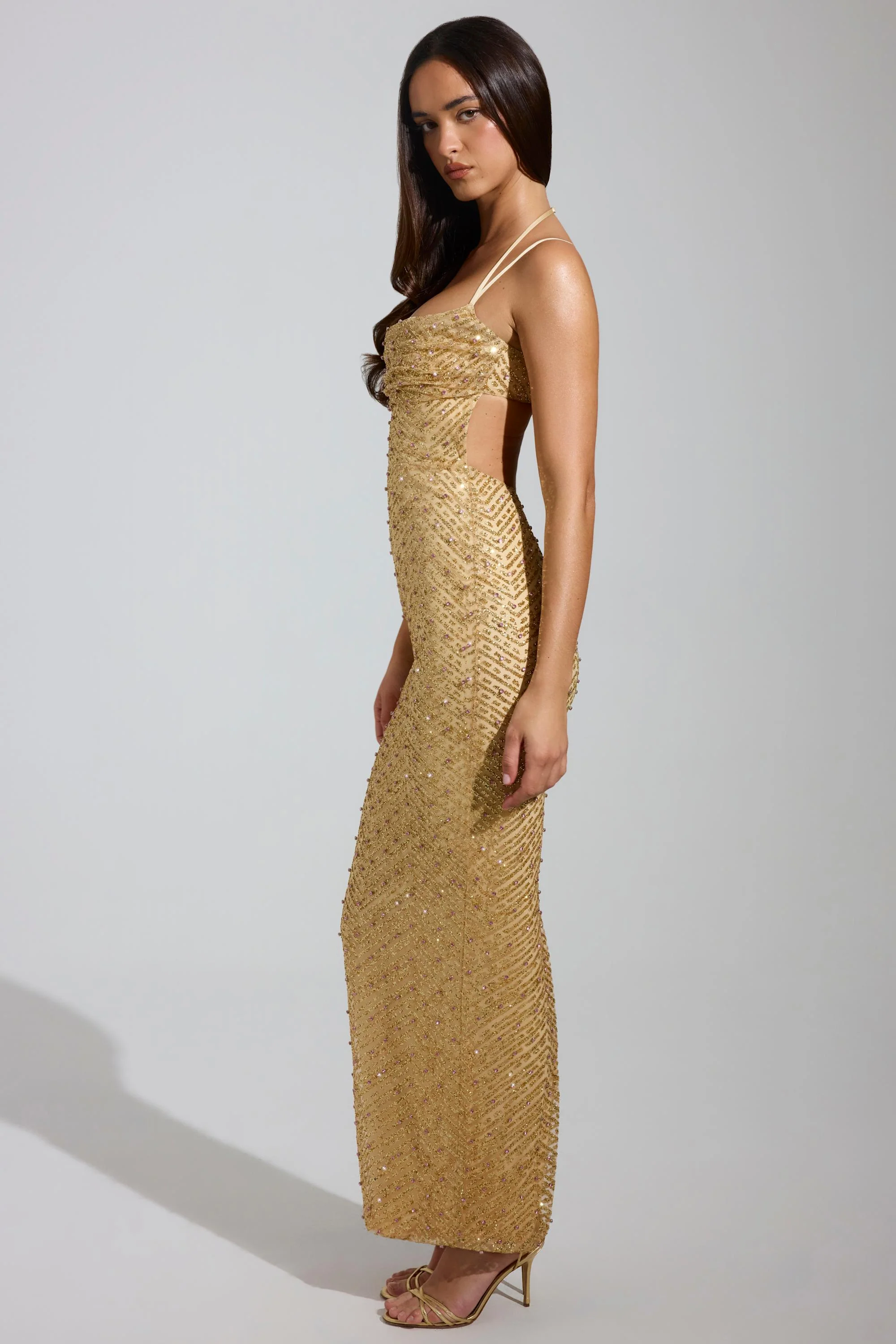 Embellished Cowl-Neck Maxi Dress in Gold - TREBLEV