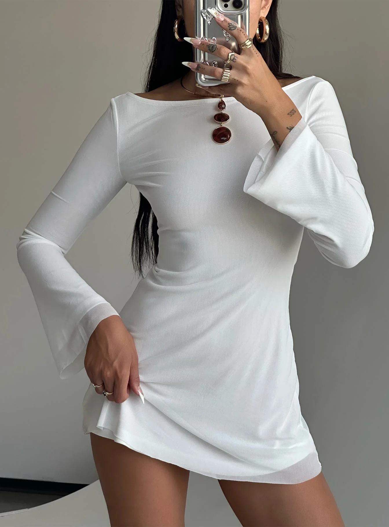 Lukea Long Sleeve Mini Dress White - TREBLEV
