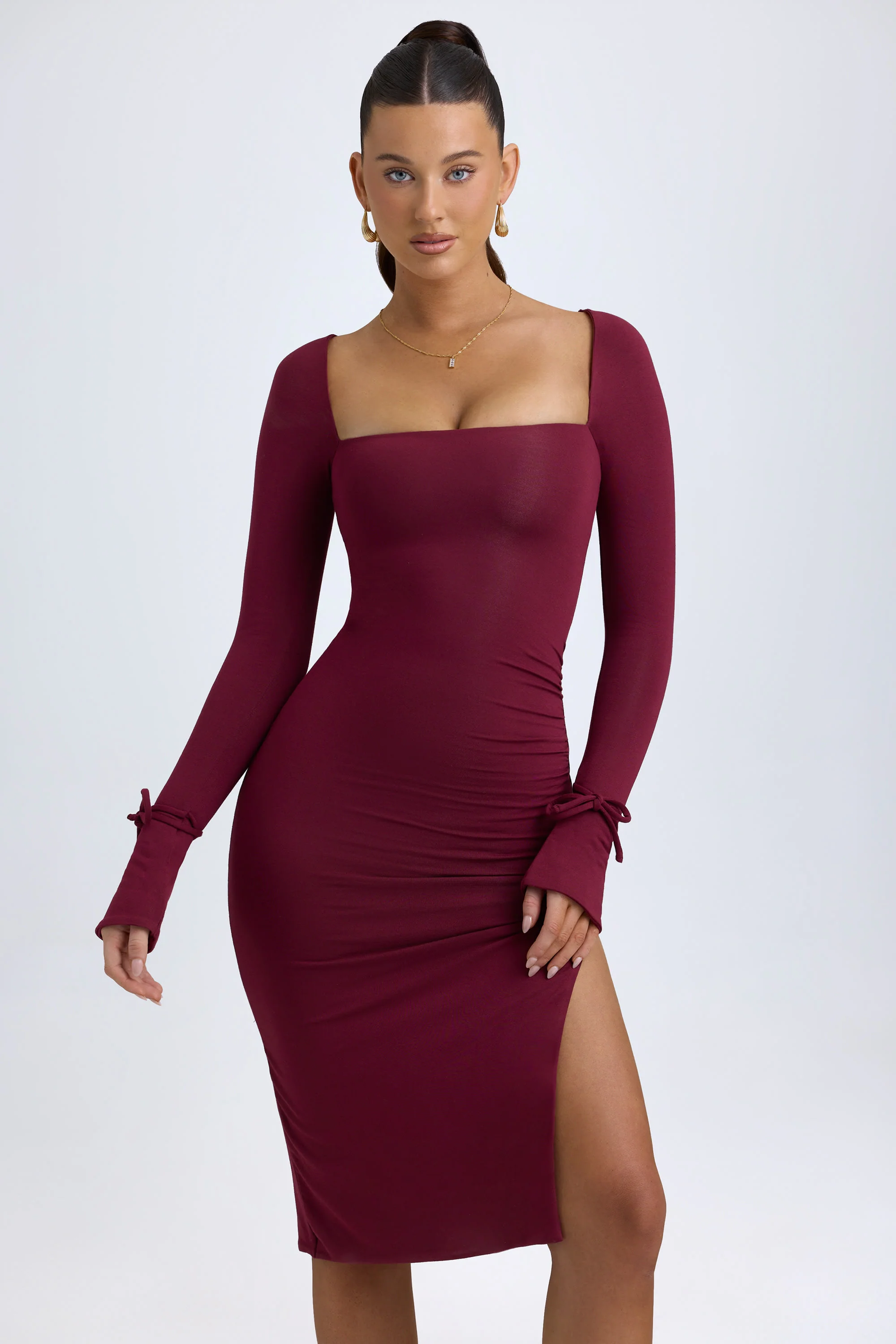 Modal Square-Neck Midi Dress in Wine Red - TREBLEV
