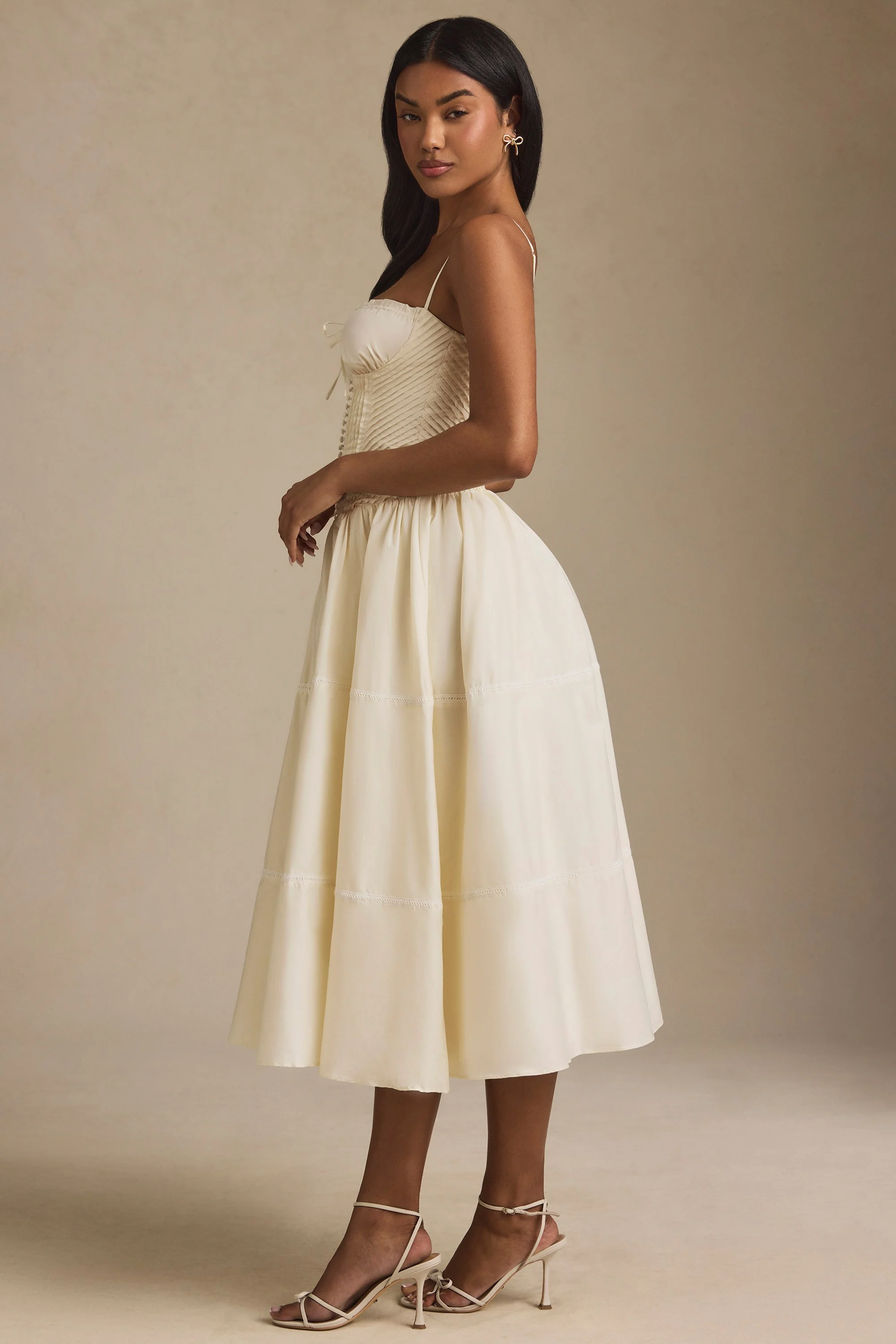 Lace-Trim Pintucked Poplin Midaxi Dress in Ivory - TREBLEV