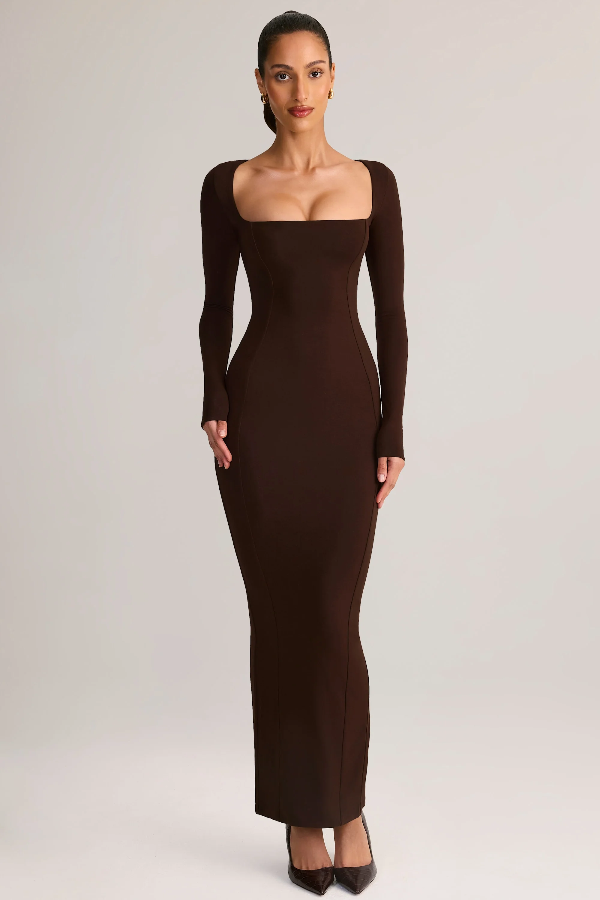 Modal Square-Neck Maxi Dress in Chocolate Brown - TREBLEV