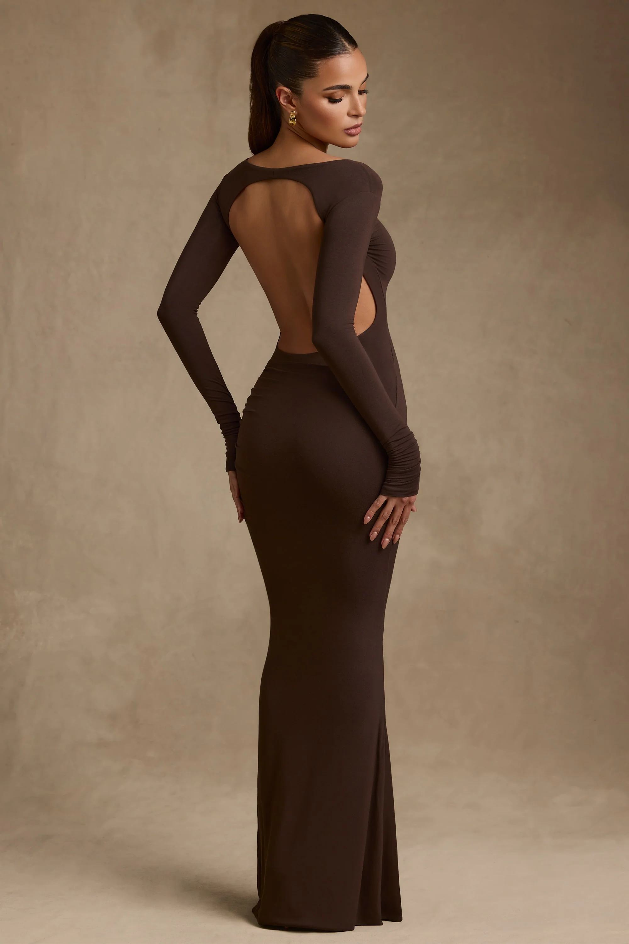 Modal Ruched Backless Maxi Dress in Chocolate Brown - TREBLEV