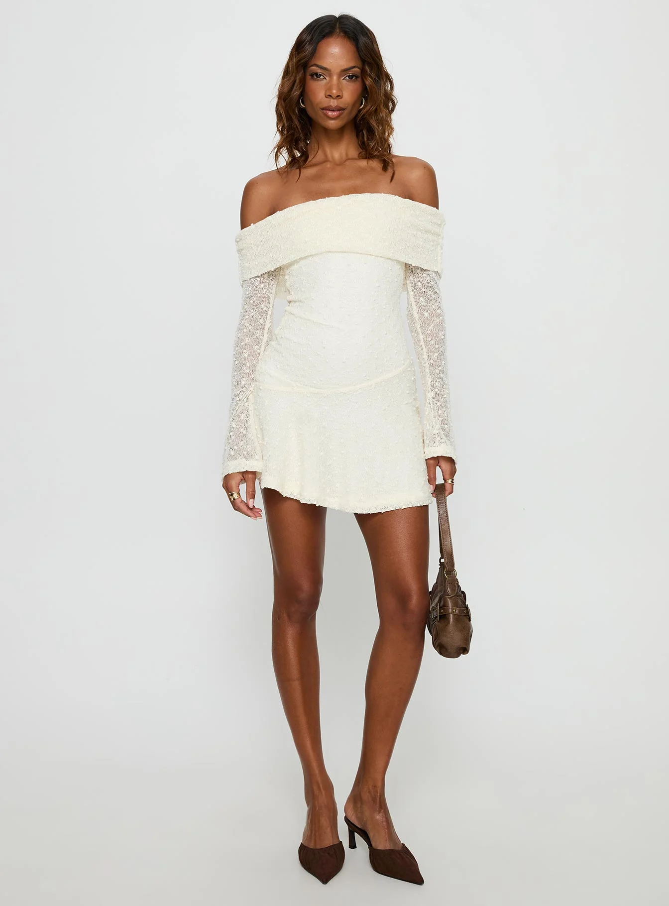 Ivee Off Shoulder Long Sleeve Mini Dress Cream - TREBLEV