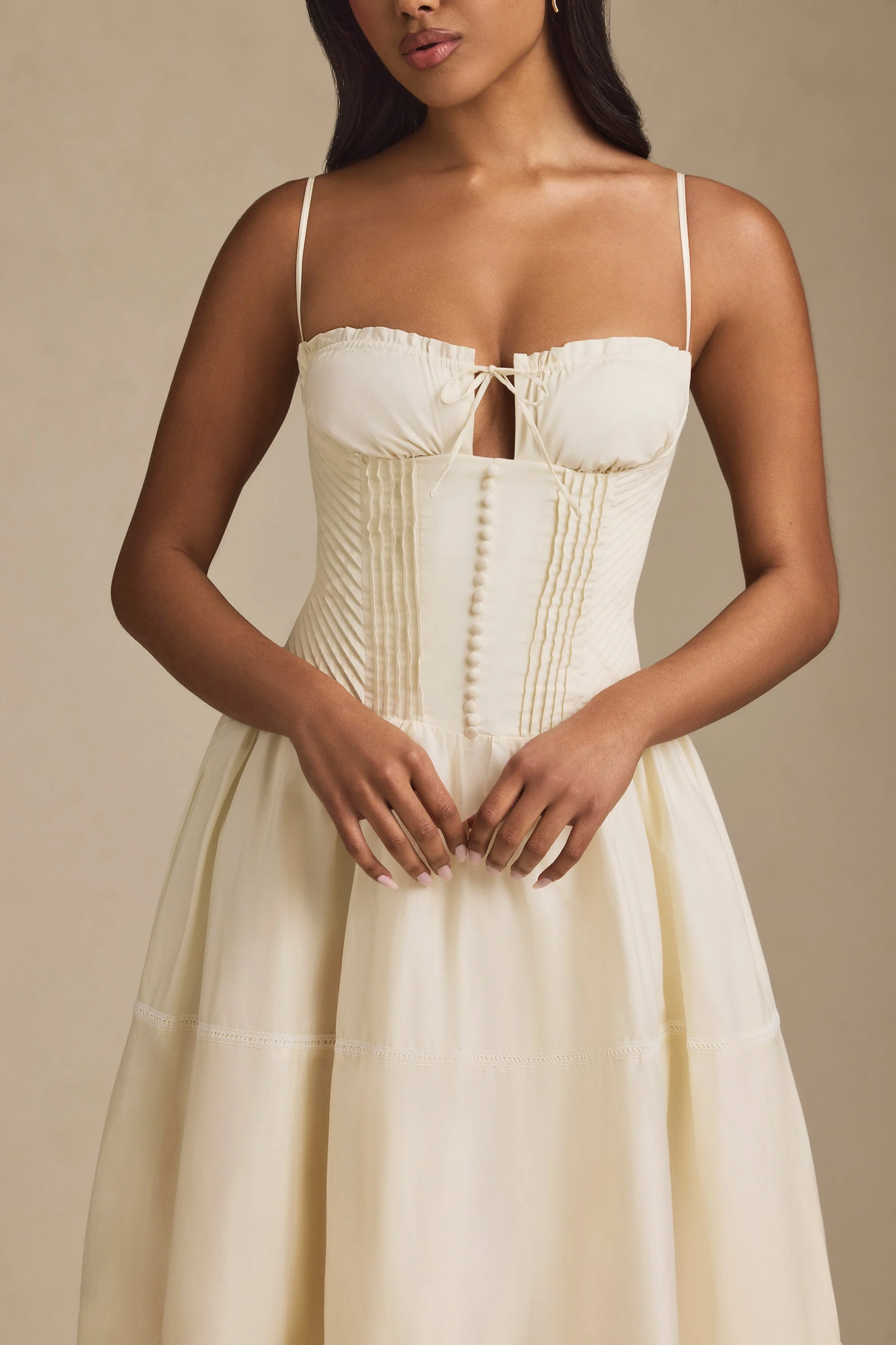 Lace-Trim Pintucked Poplin Midaxi Dress in Ivory - TREBLEV