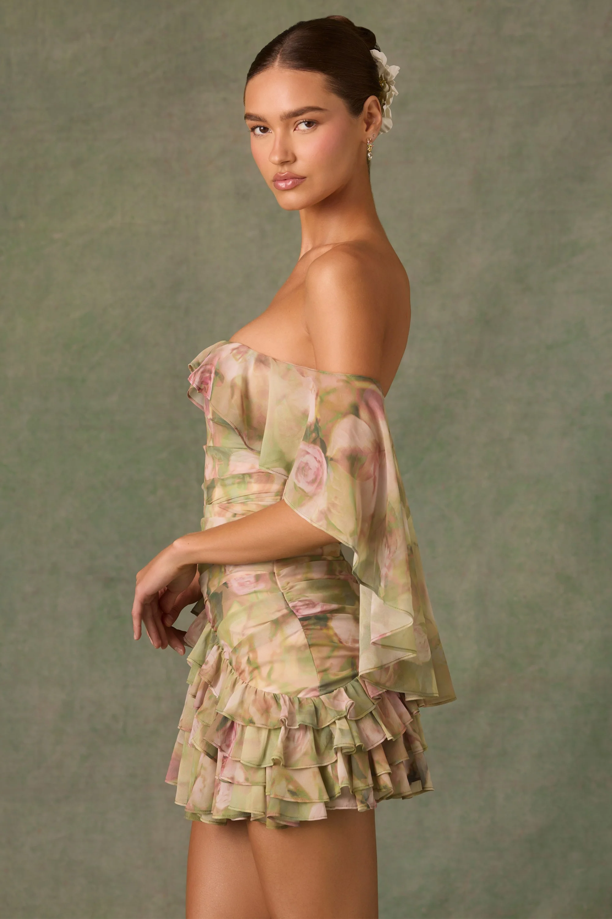 Off-Shoulder Ruffled Mini Dress in Floral Multi Print - TREBLEV