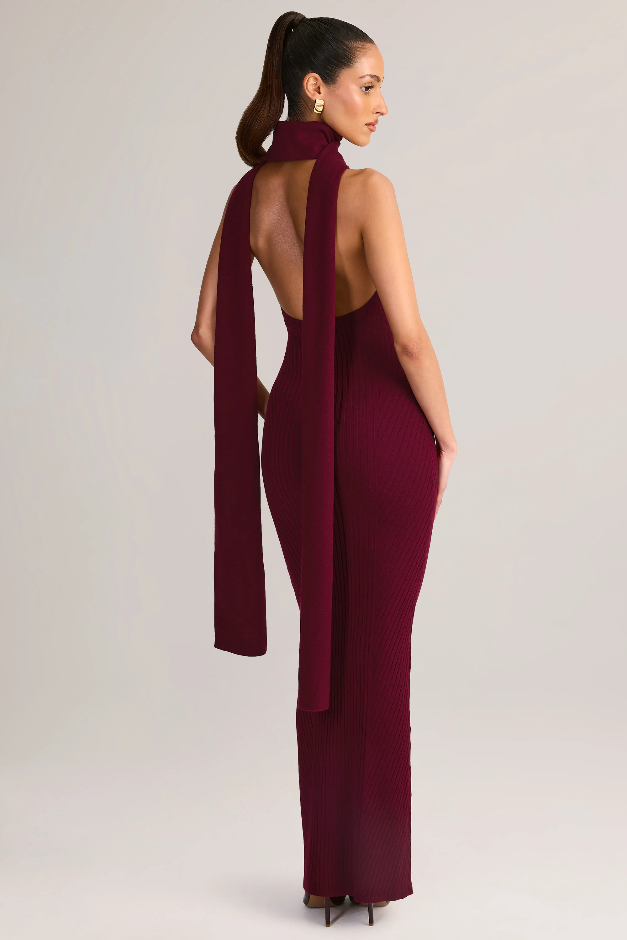 Knit Scarf-Detail Halterneck Maxi Dress in Wine - TREBLEV