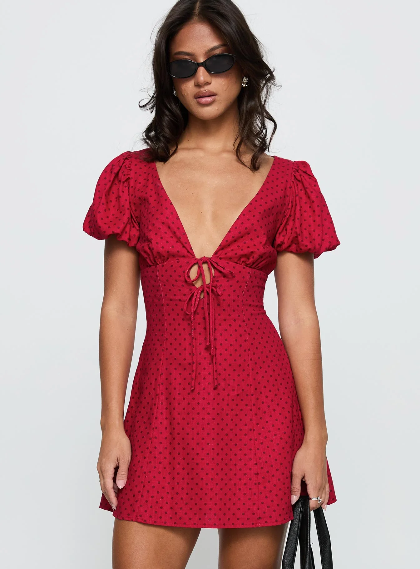 Beloved Puff Sleeve Linen Blend Mini Dress Red Polka - TREBLEV
