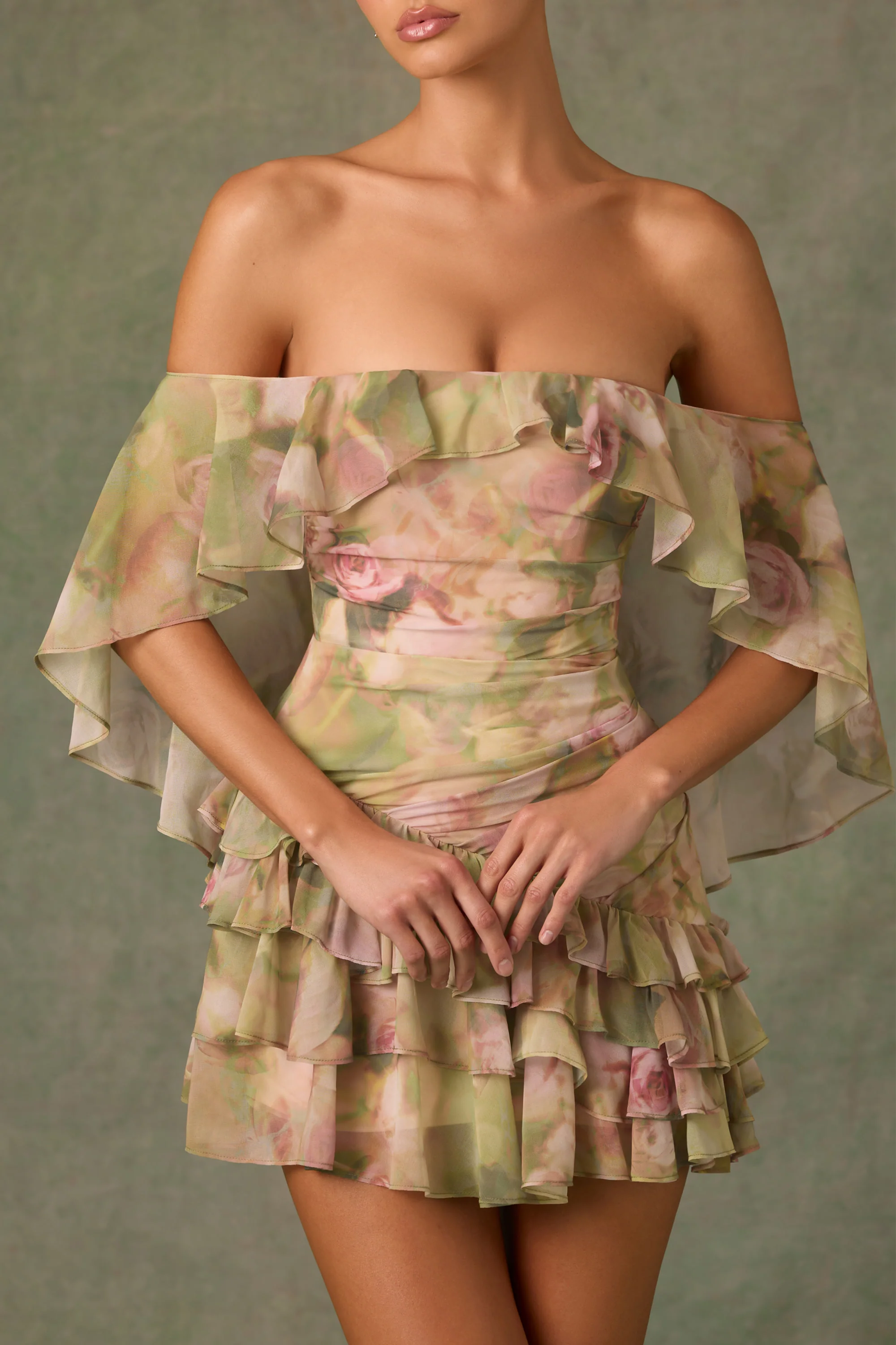 Off-Shoulder Ruffled Mini Dress in Floral Multi Print - TREBLEV