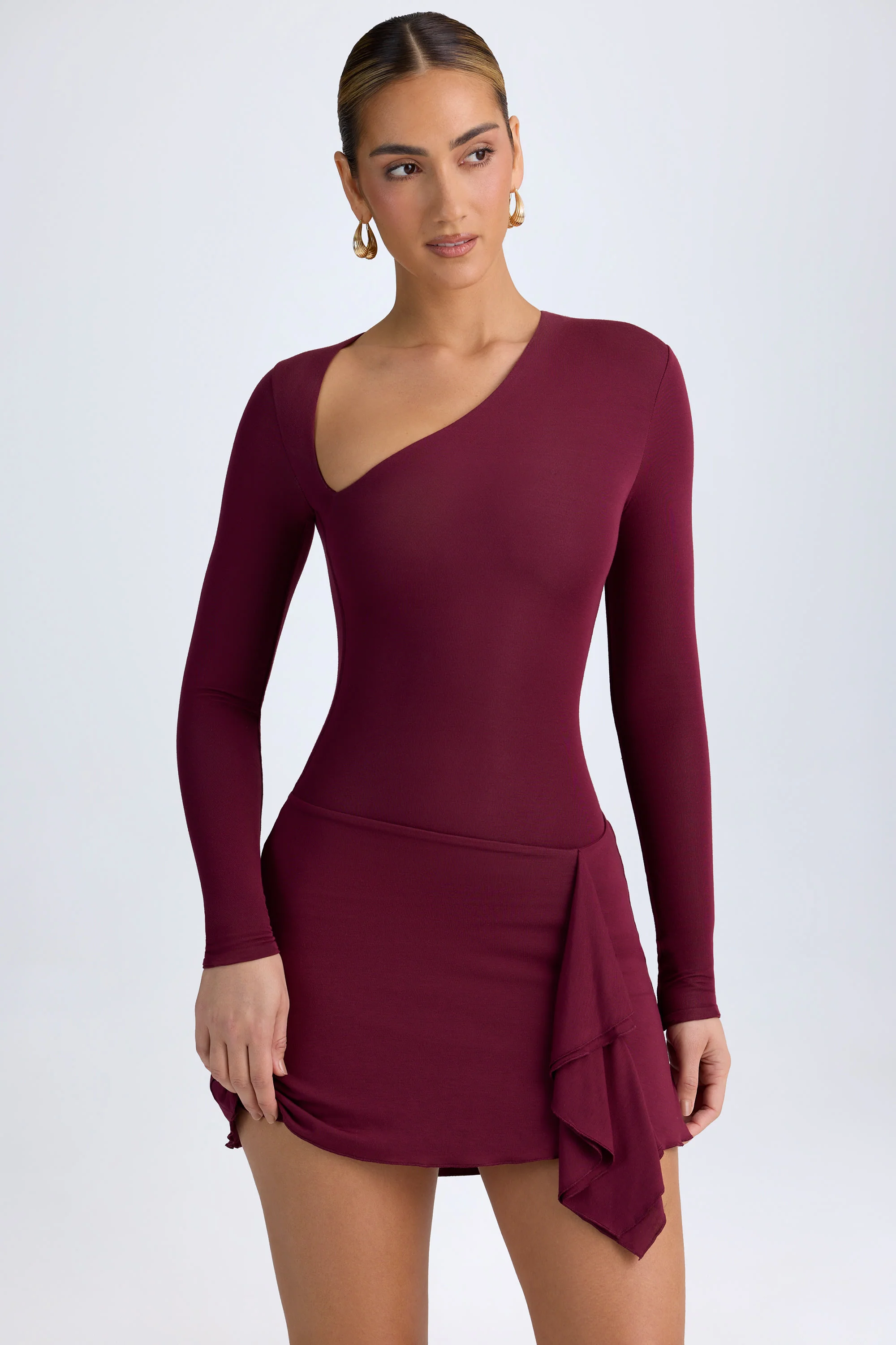 Modal Asymmetric A-Line Mini Dress in Wine Red - TREBLEV