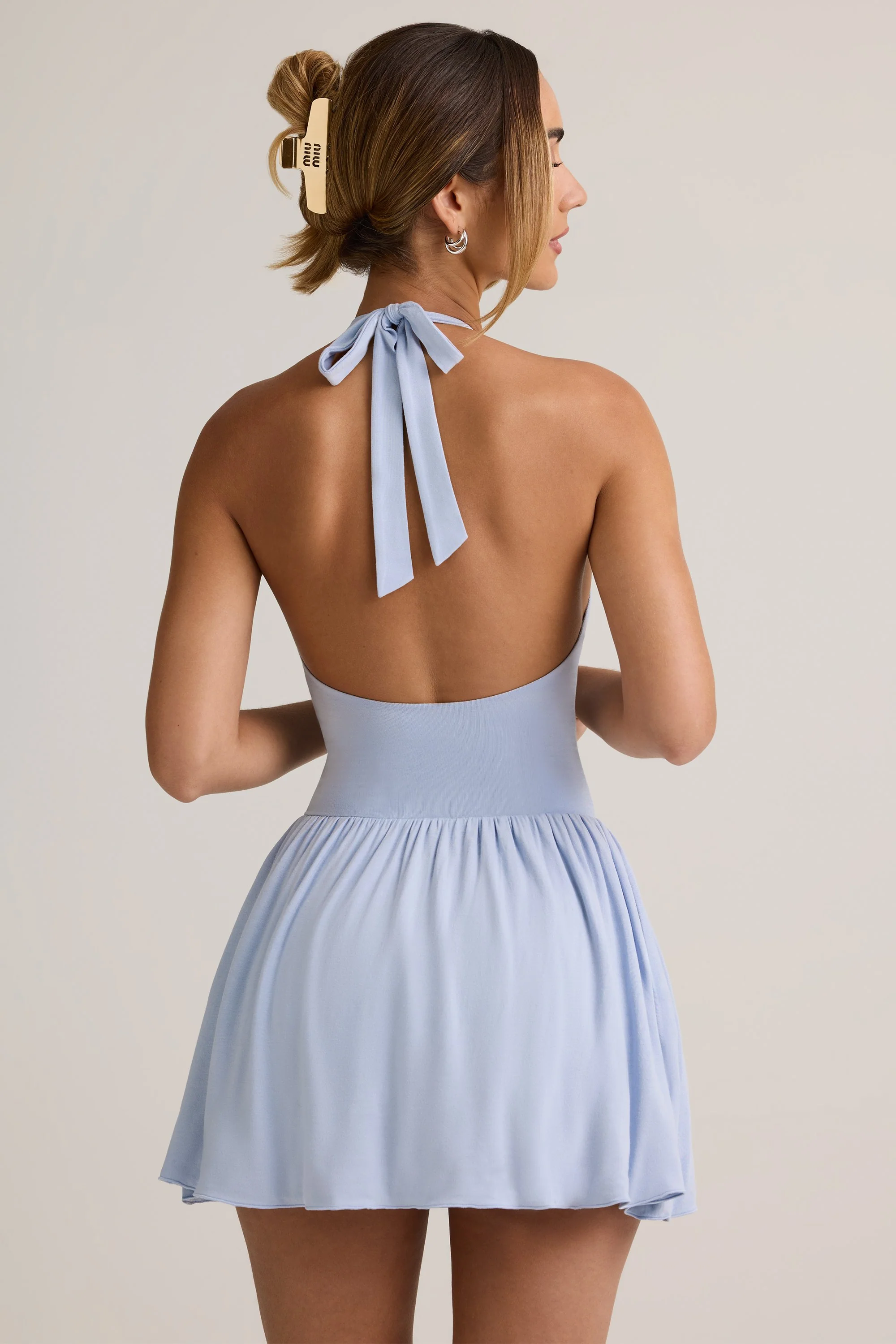 Modal Backless Halterneck Mini Dress in Light Blue - TREBLEV