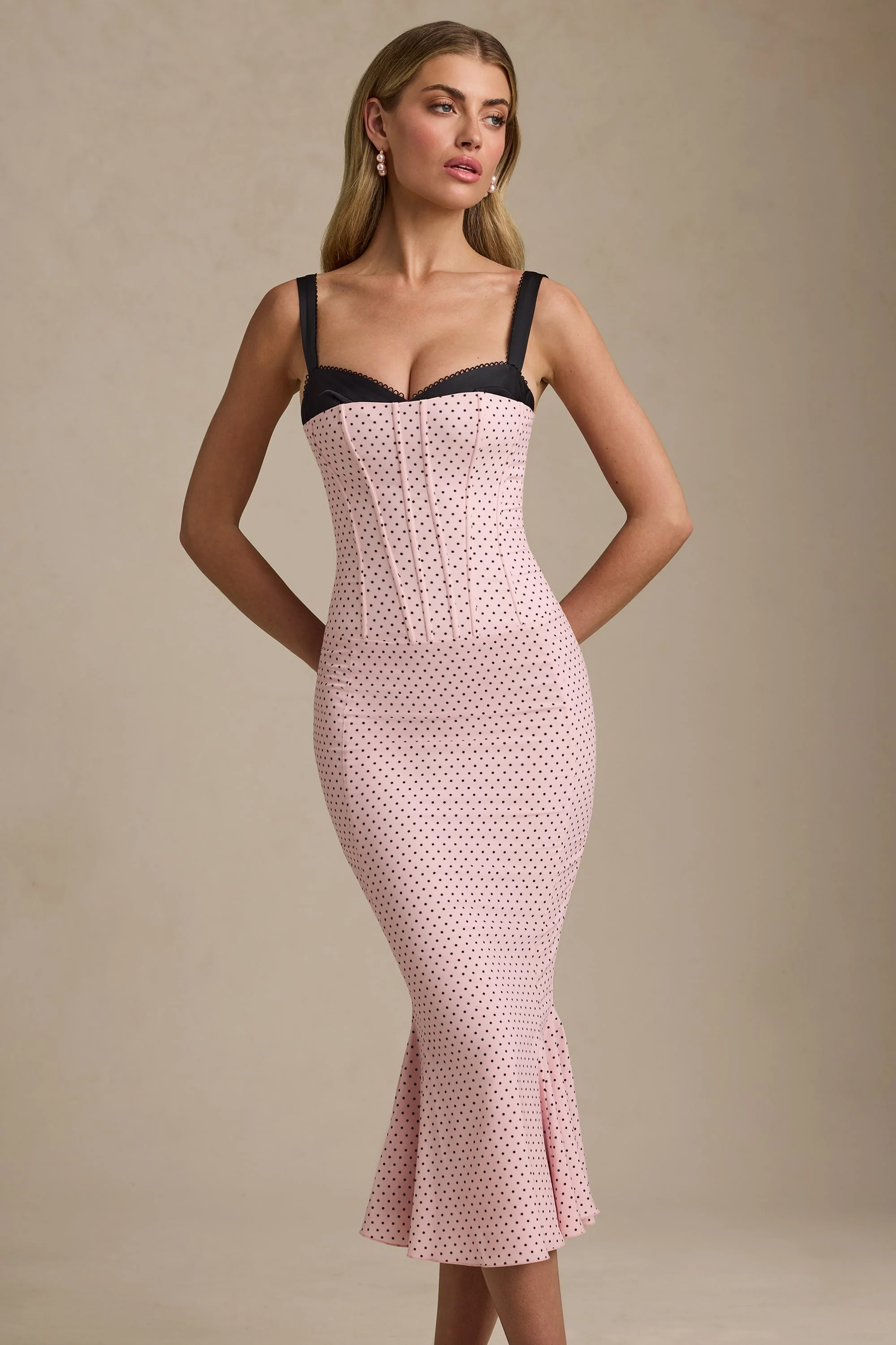 Layered Bra-Detail Fishtail Midaxi Dress in Pink Polka Dot - TREBLEV