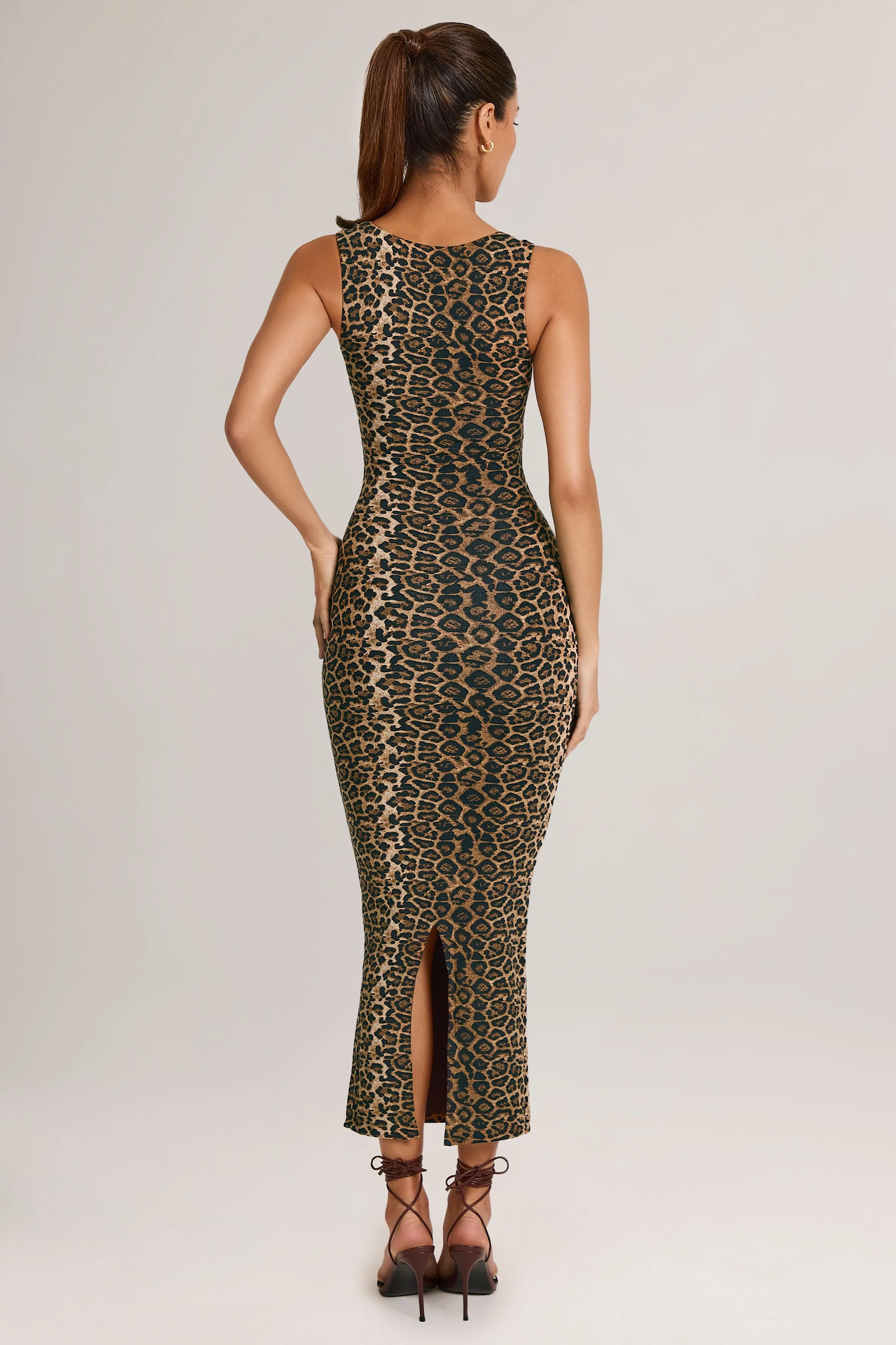 Modal Square-Neck Bodycon Midi Dress in Leopard Print - TREBLEV