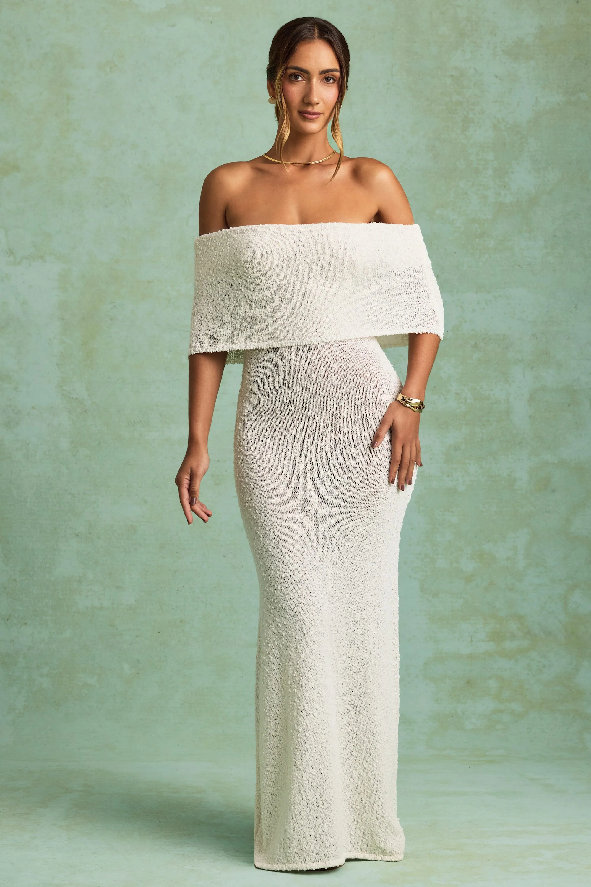 Bouclé Off-Shoulder Maxi Dress in White - TREBLEV