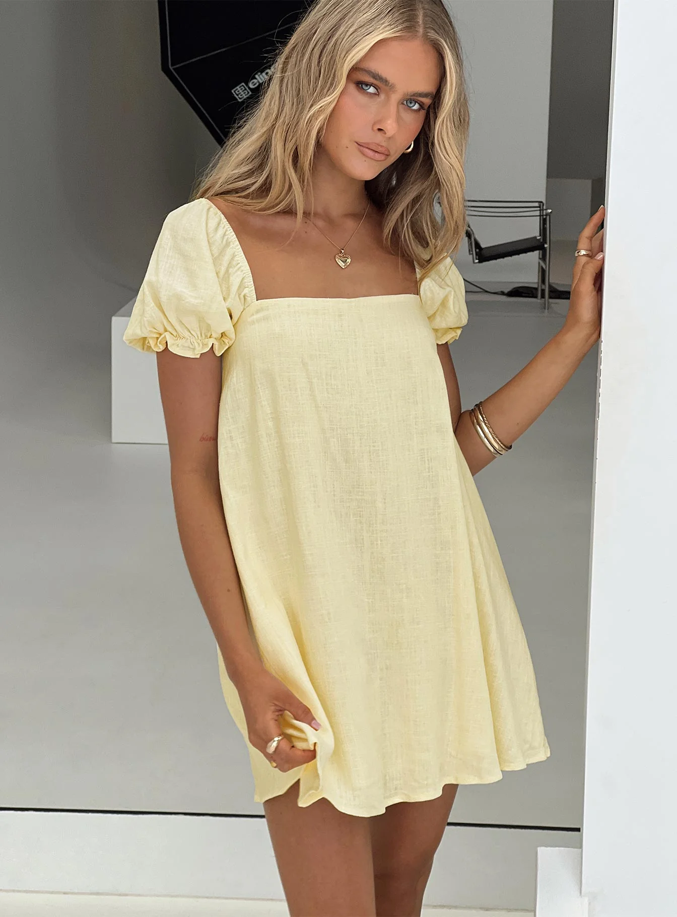 Beyond Linen Blend Mini Dress Yellow - TREBLEV