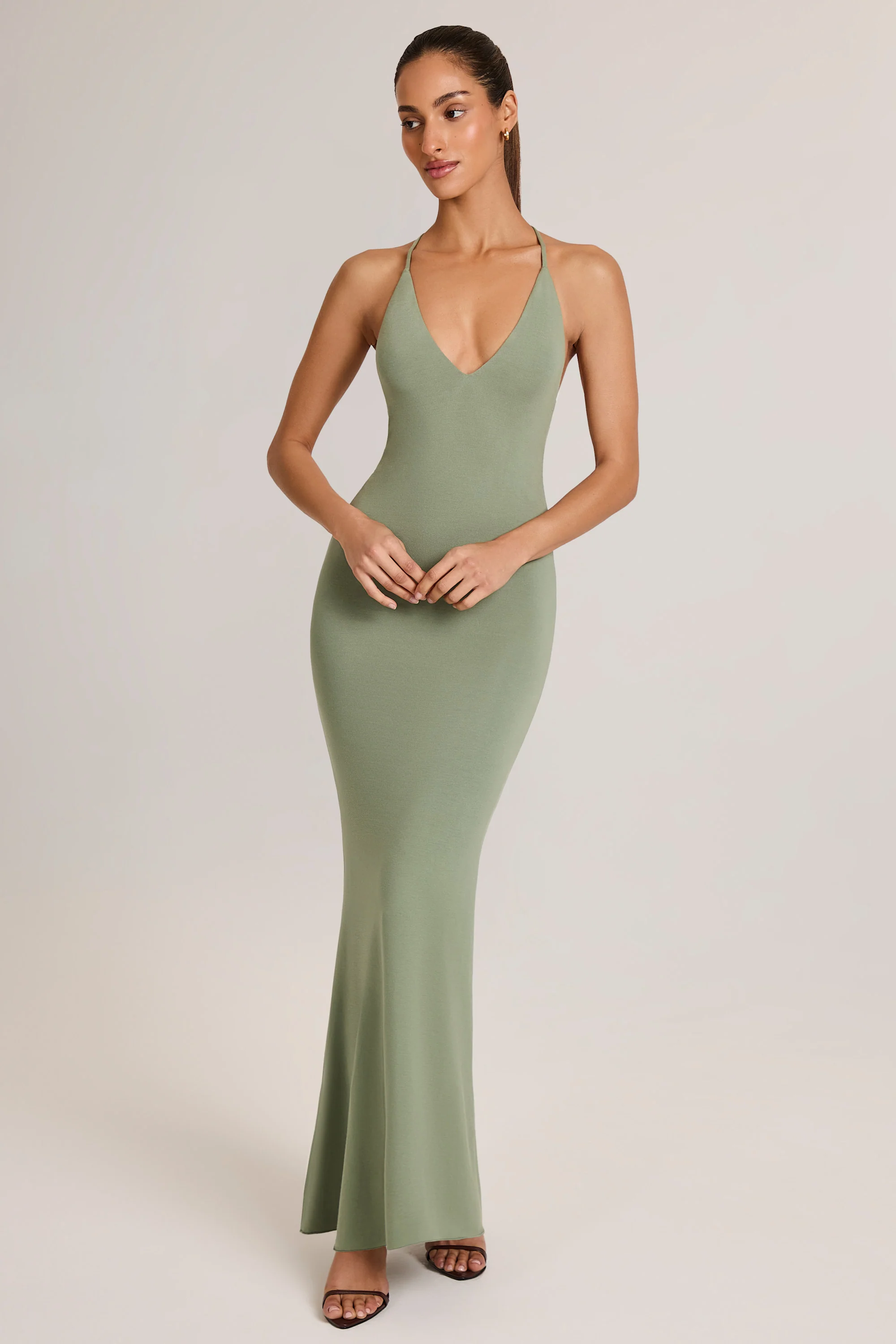 Modal Plunge Backless Maxi Dress in Sage Green - TREBLEV
