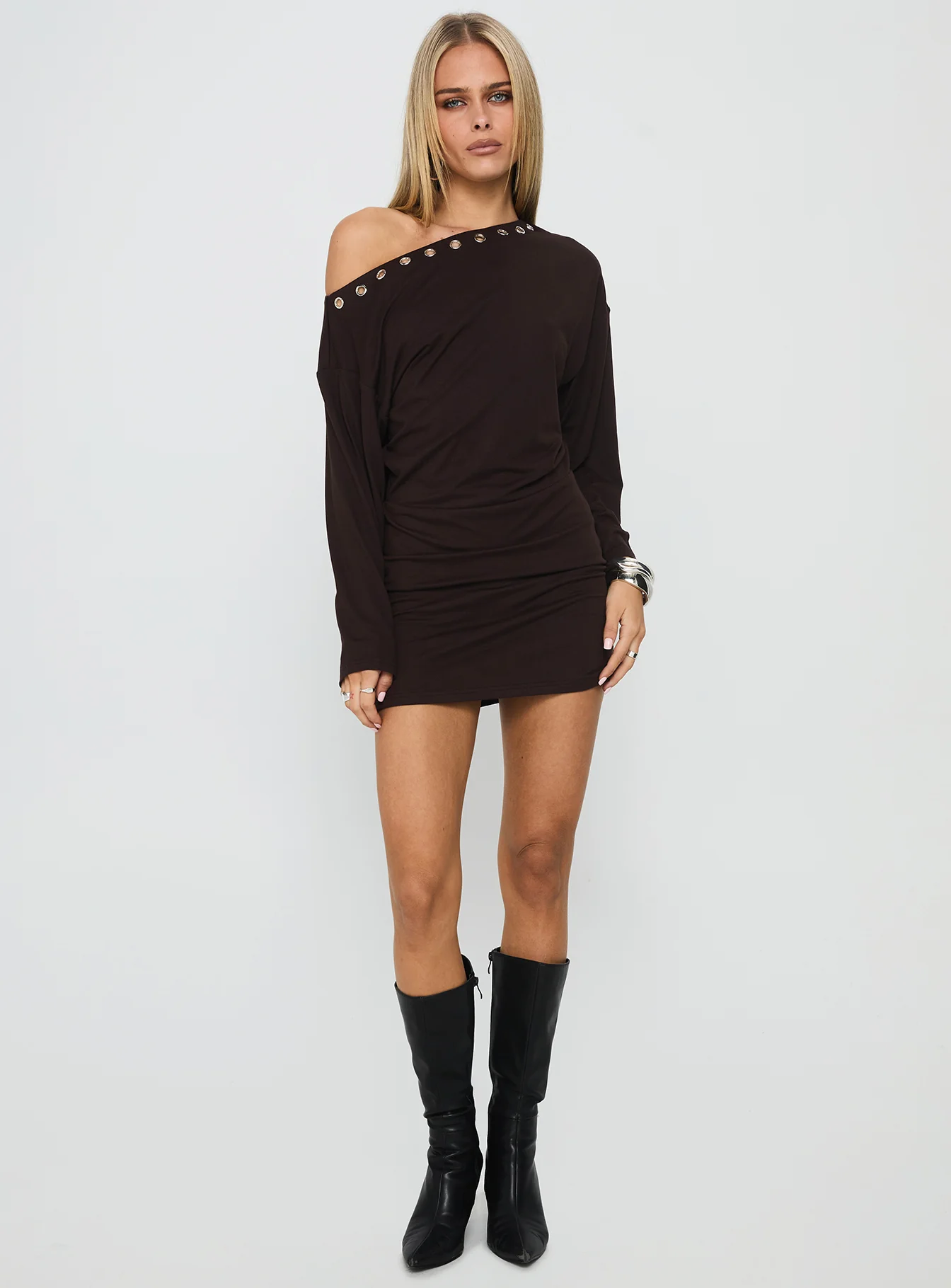 Sakaia Long Sleeve Eyelet Mini Dress Brown - TREBLEV
