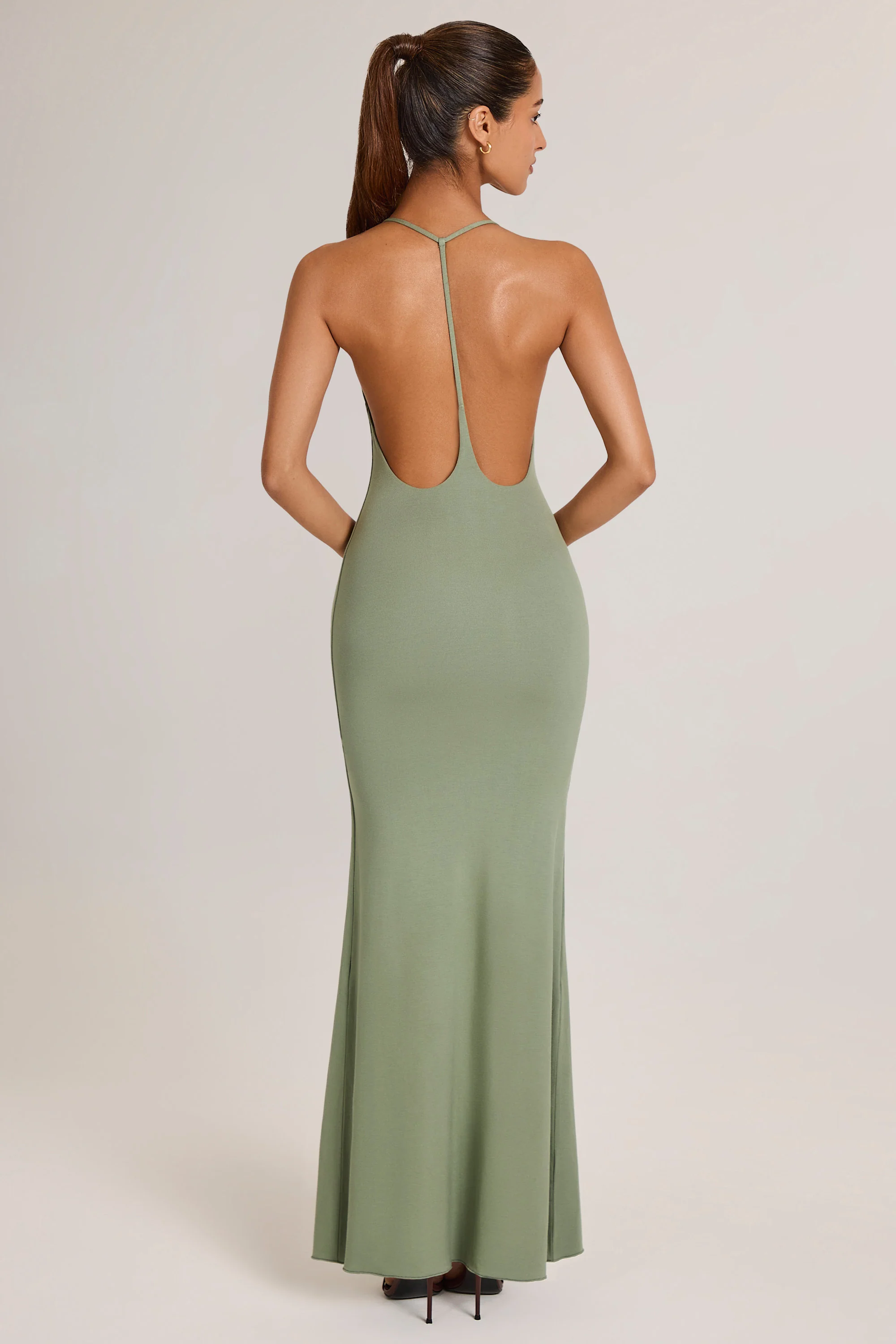 Modal Plunge Backless Maxi Dress in Sage Green - TREBLEV