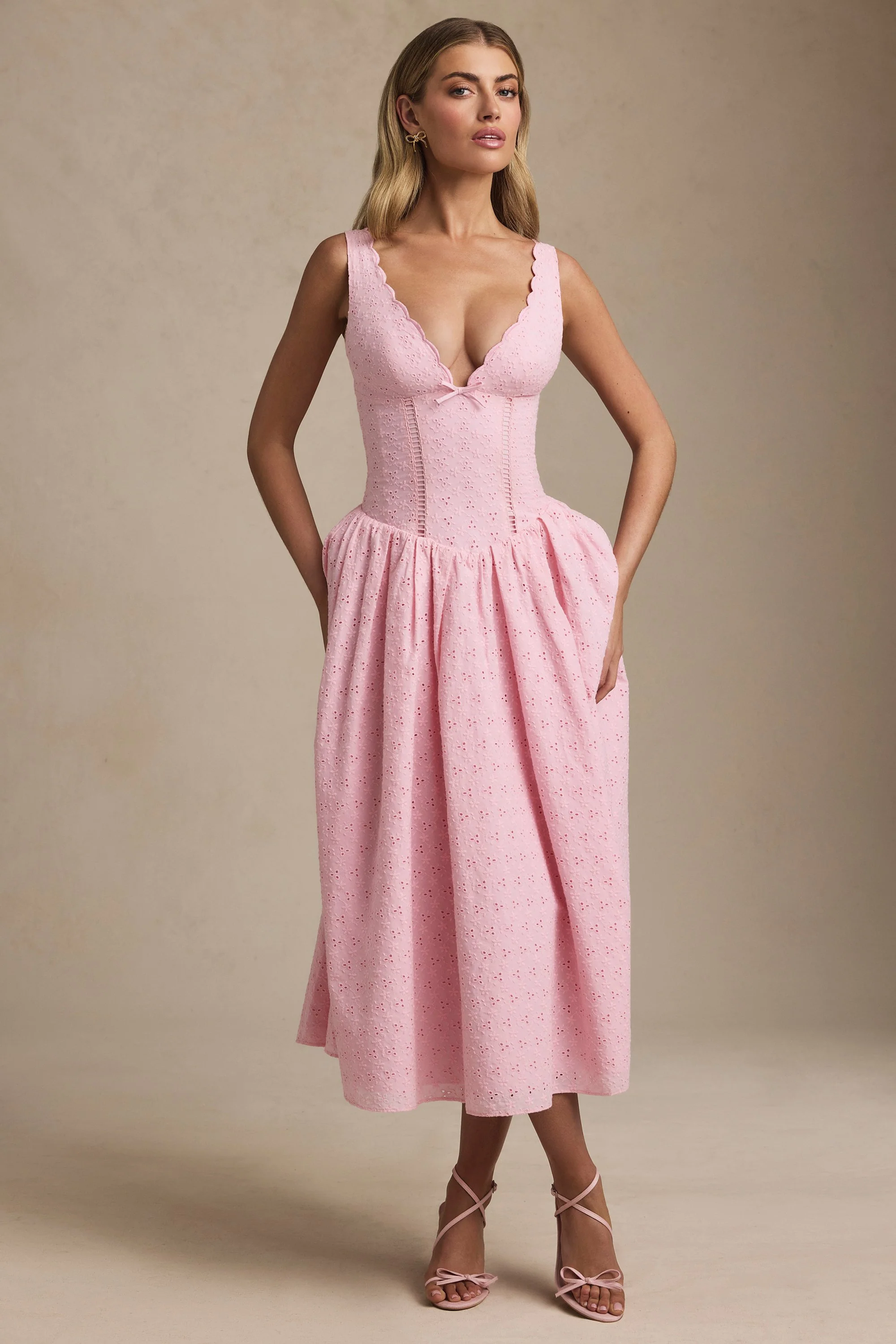 Broderie Anglaise Bow-Detail A-Line Midaxi Dress in Soft Pink - TREBLEV