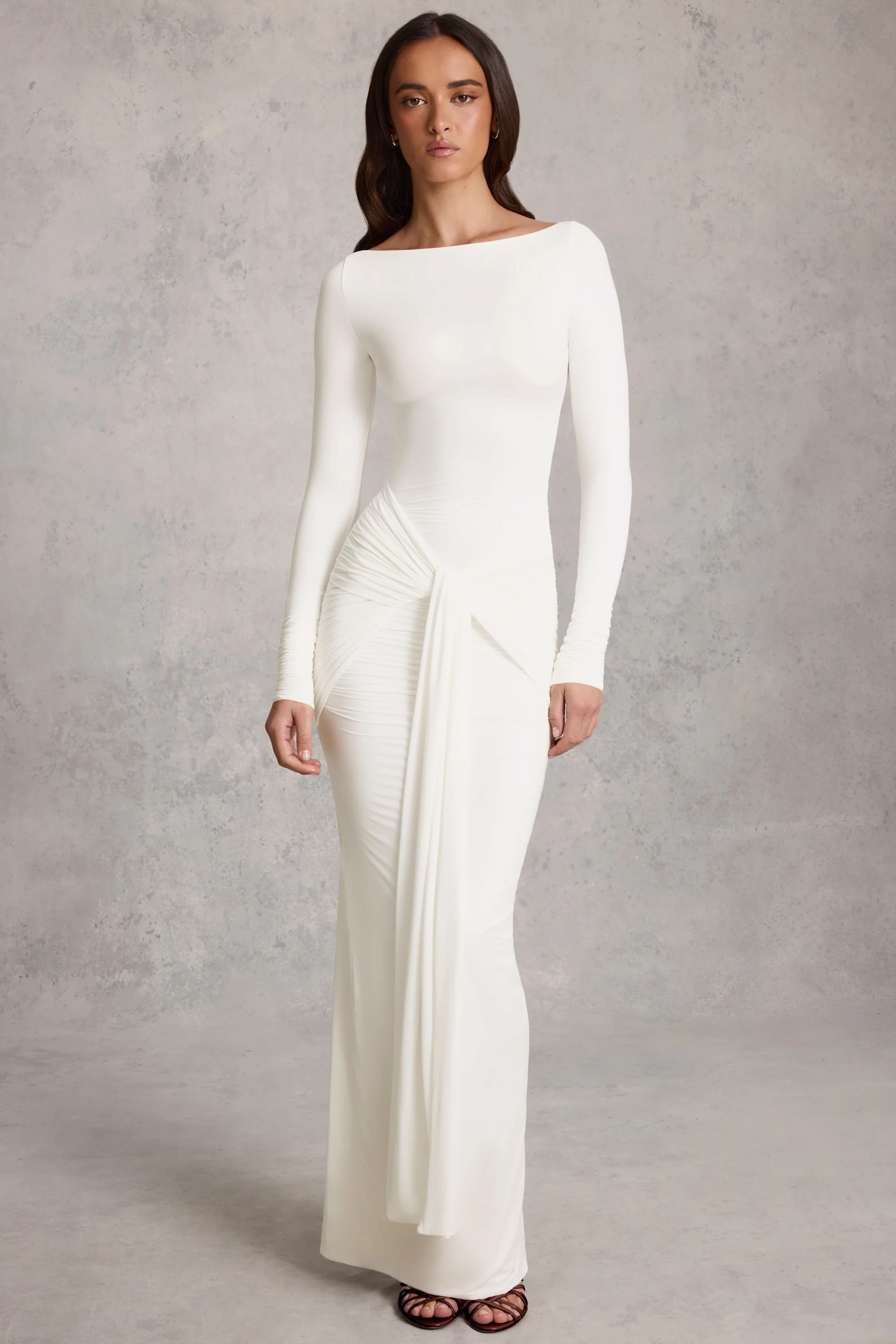 Draped Ruched Maxi Dress in White - TREBLEV