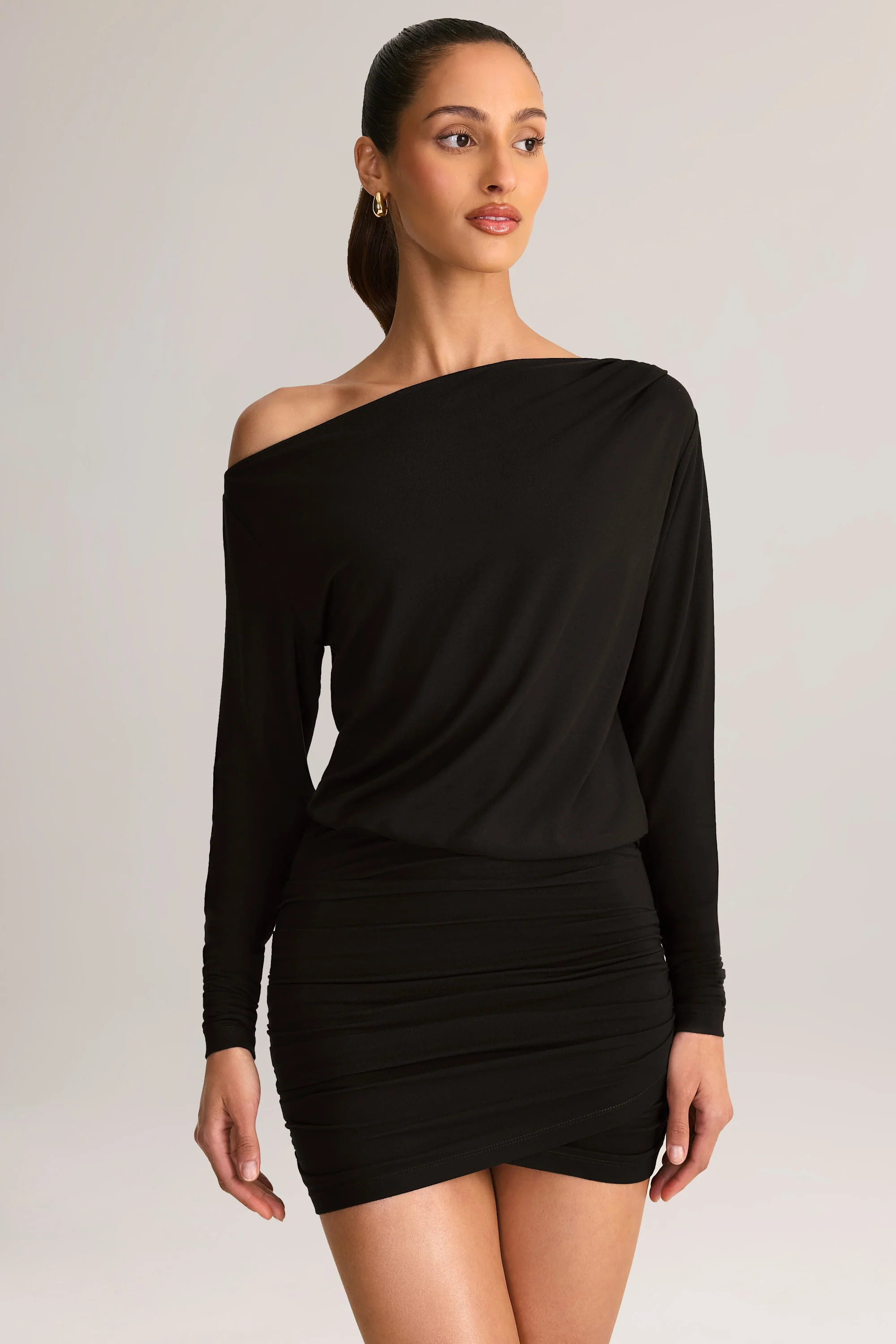 Modal Off-Shoulder Mini Dress in Black - TREBLEV