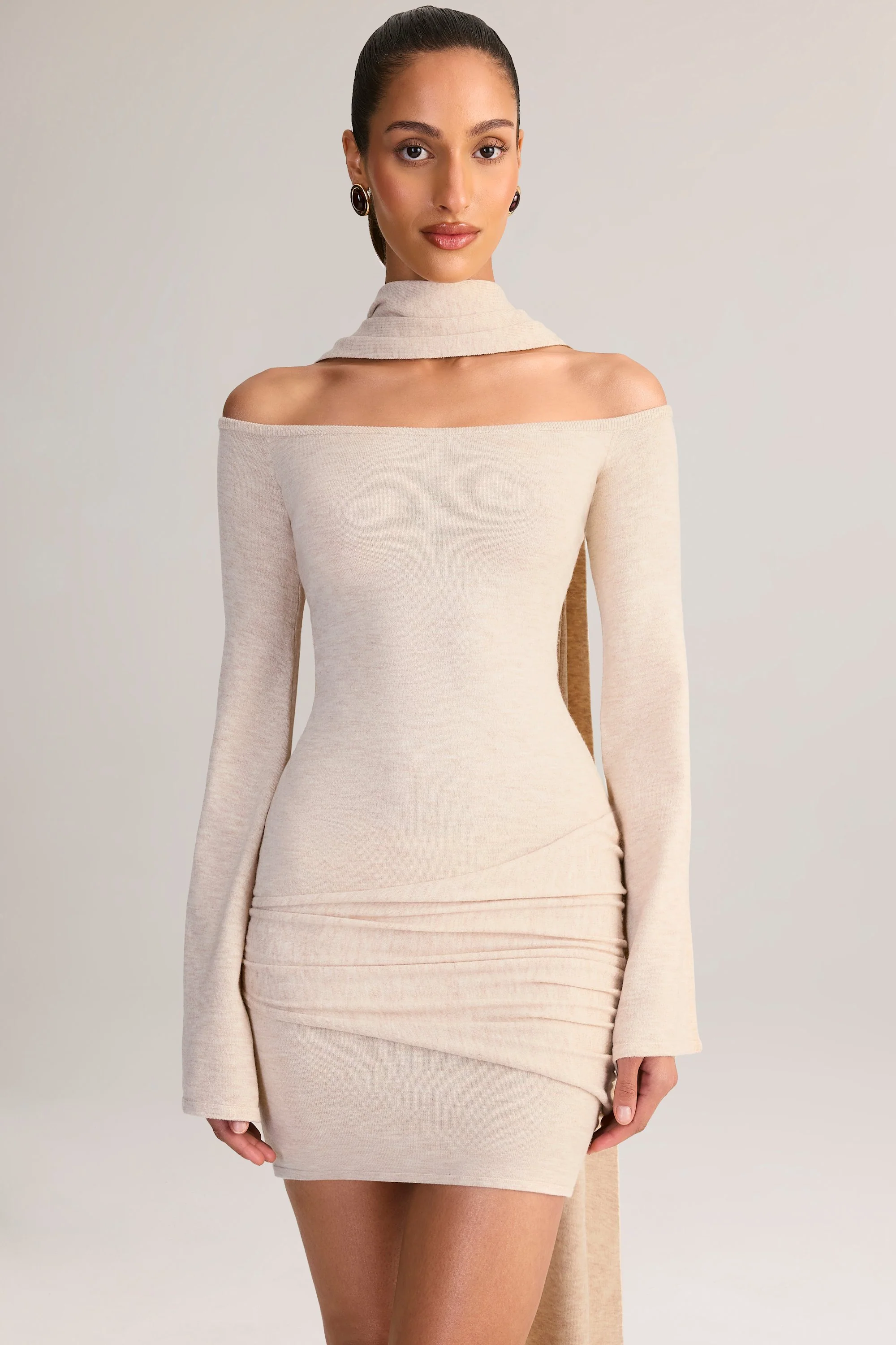 Knit Scarf-Detail Off-Shoulder Mini Dress in Cream - TREBLEV