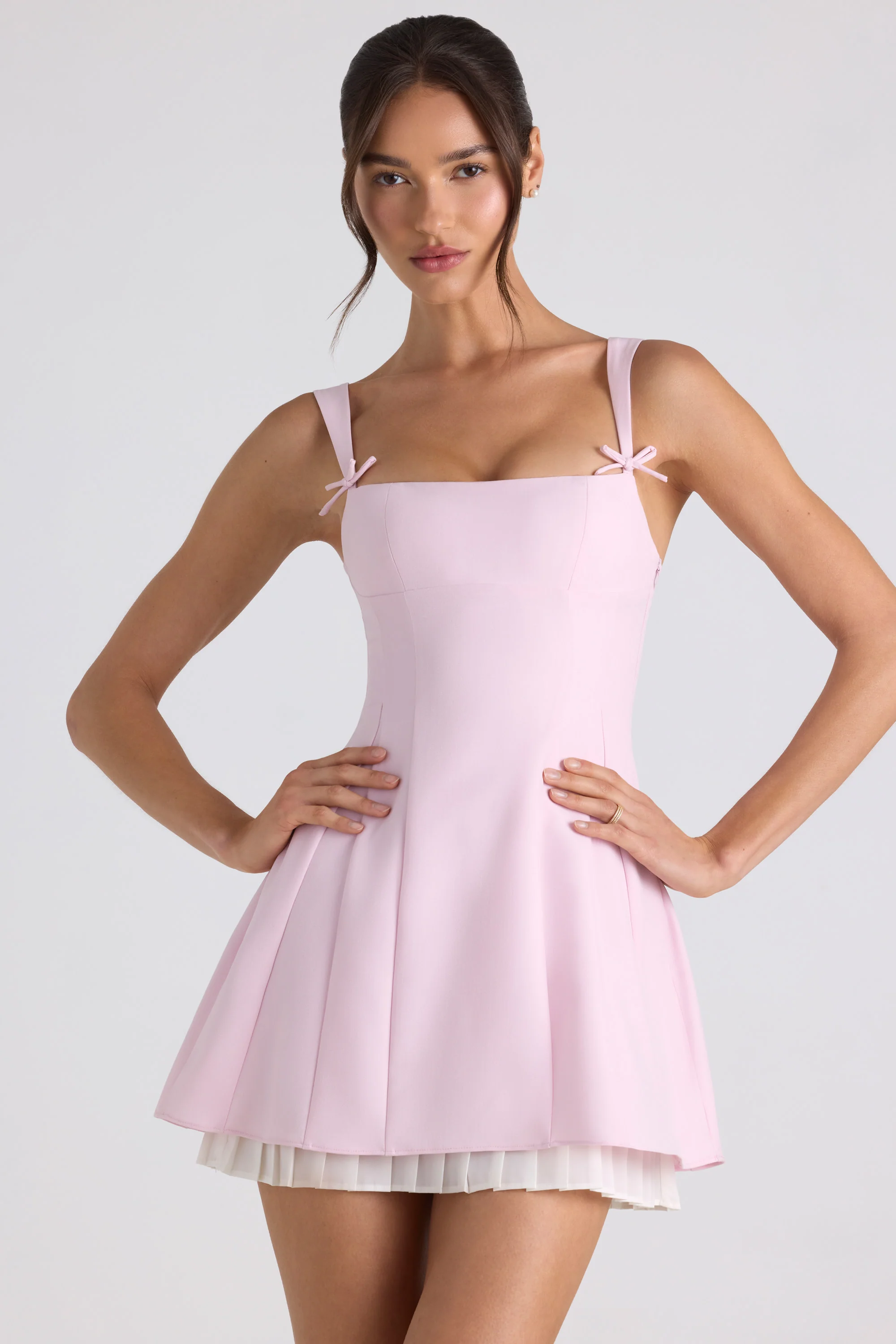 Bow-Detail Pleated A-Line Mini Dress in Soft Pink - TREBLEV