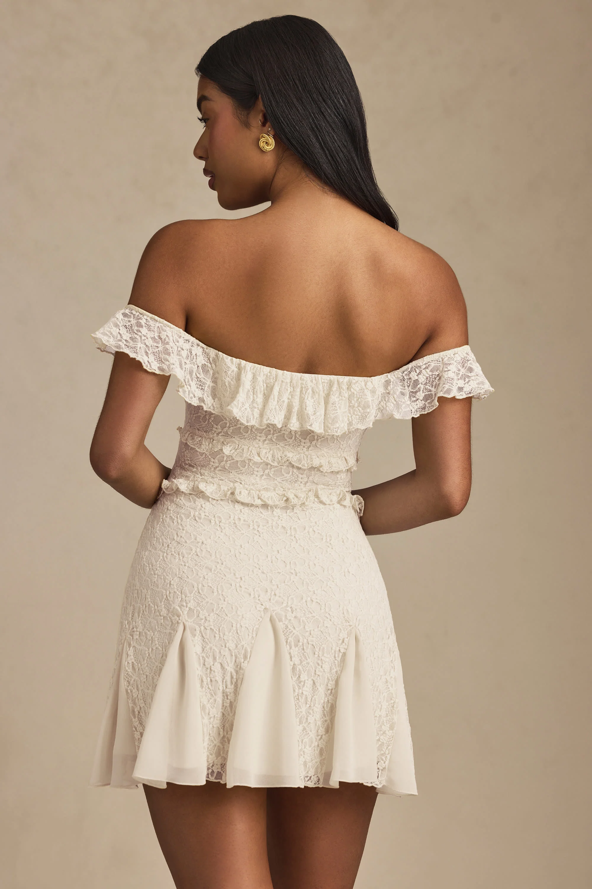 Off-Shoulder Lace A-Line Mini Dress in Ivory - TREBLEV