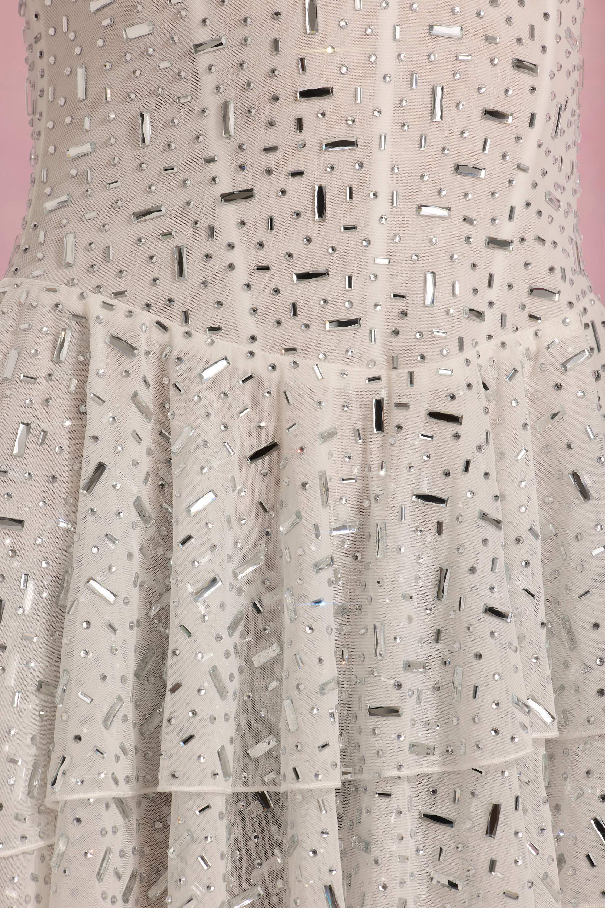 Embellished Ruffled Tiered Mini Dress in White - TREBLEV