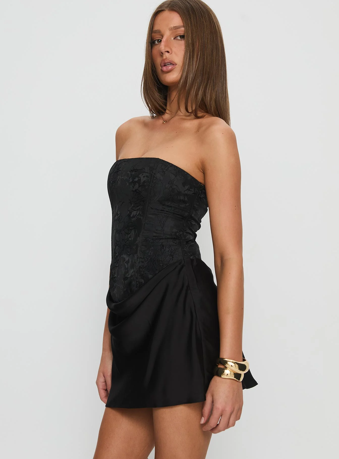 Jenevieve Strapless Drape Mini Dress Black - TREBLEV