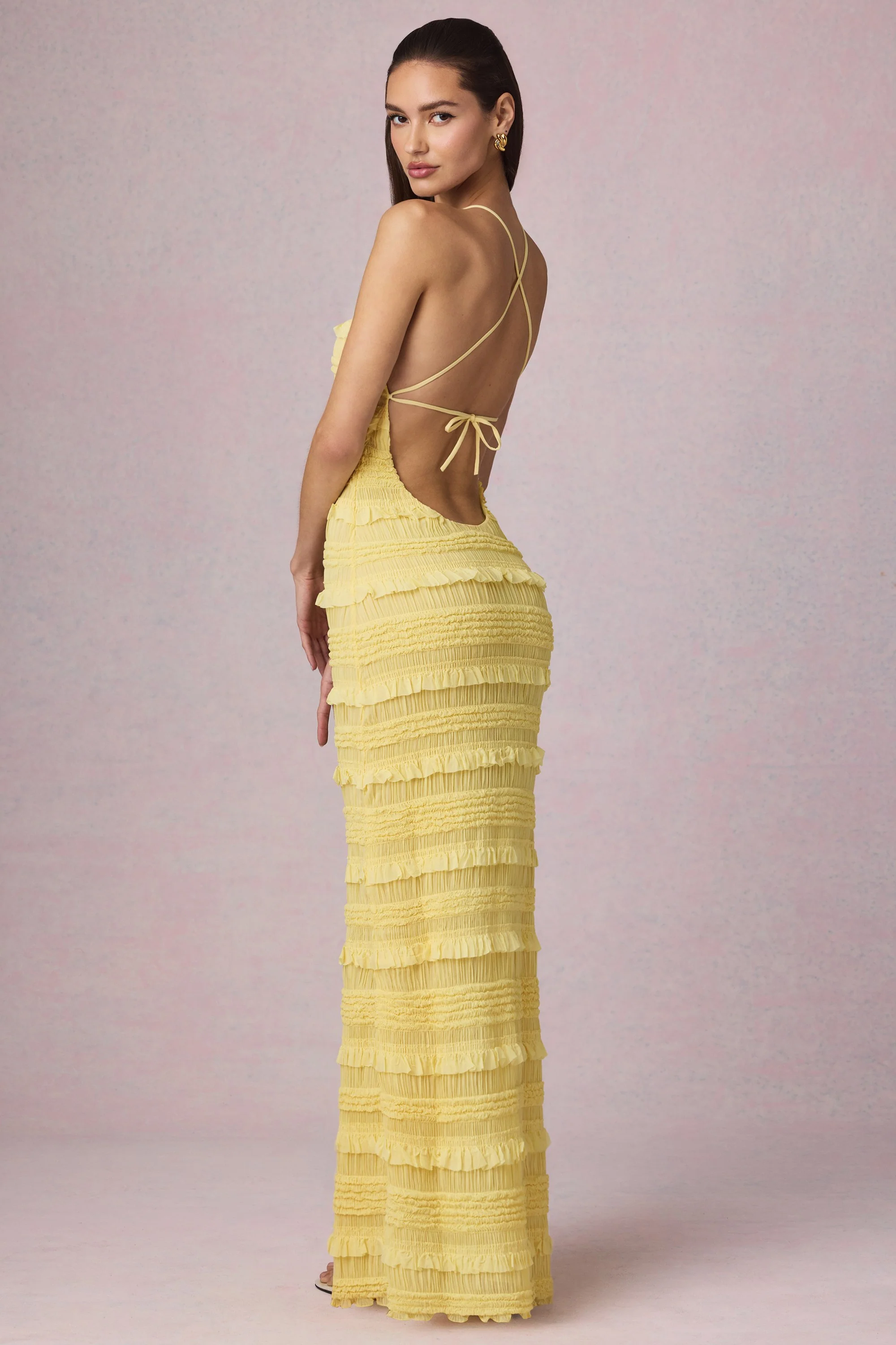 Ruffled Backless Halterneck Maxi Dress in Lemon Yellow - TREBLEV