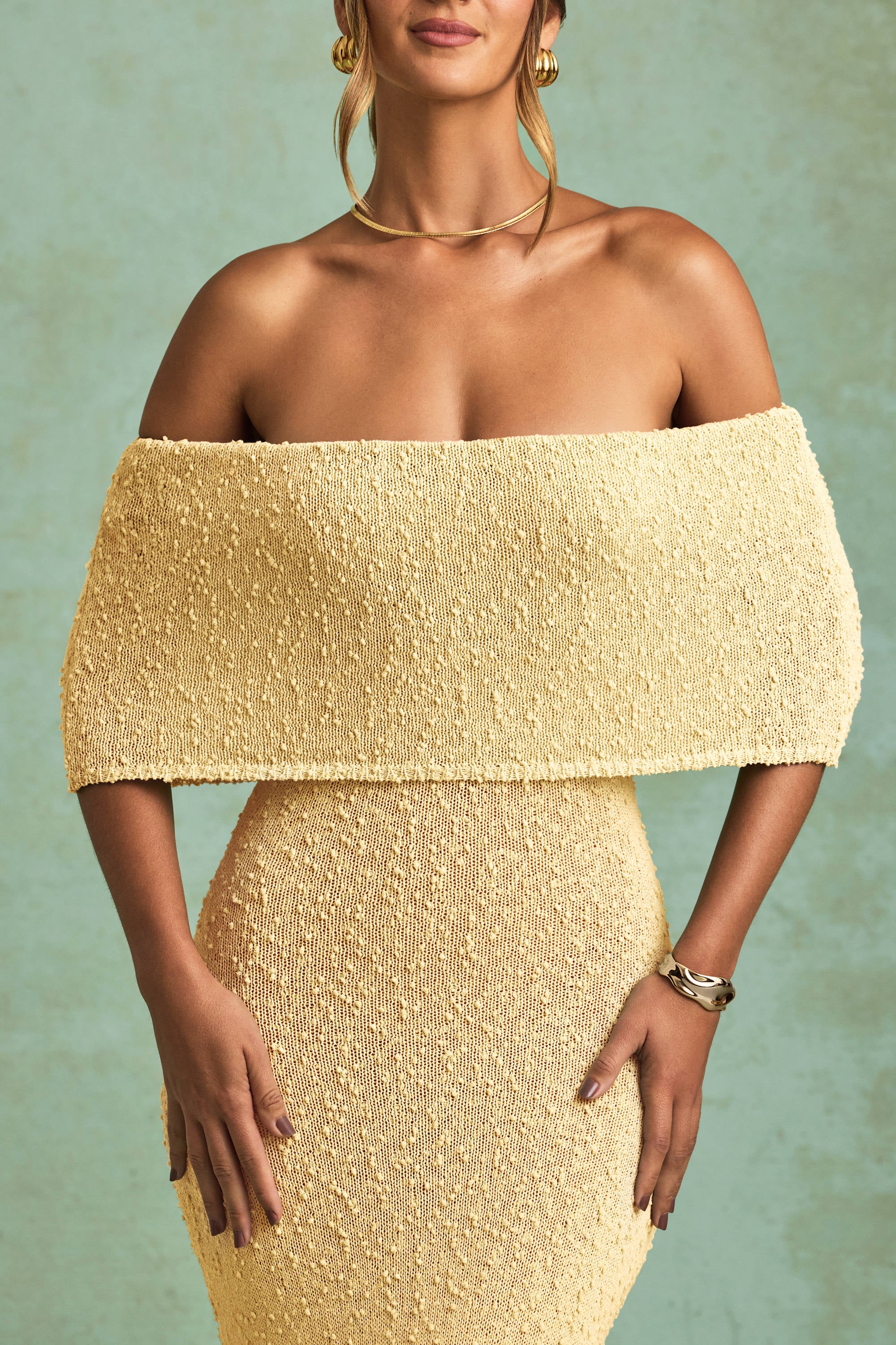 Bouclé Off-Shoulder Maxi Dress in Yellow - TREBLEV