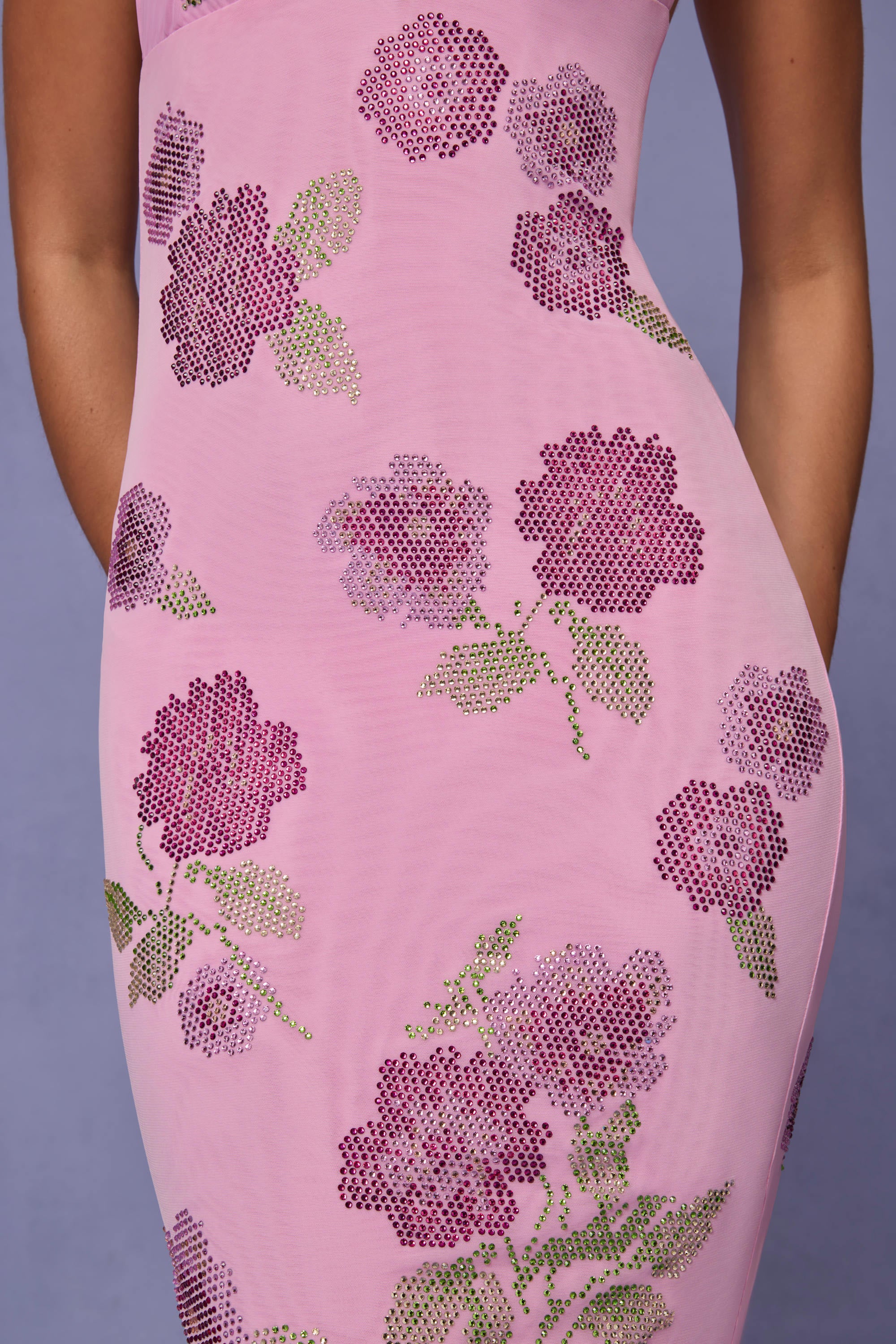 Embellished Halterneck Maxi Dress in Soft Pink - TREBLEV