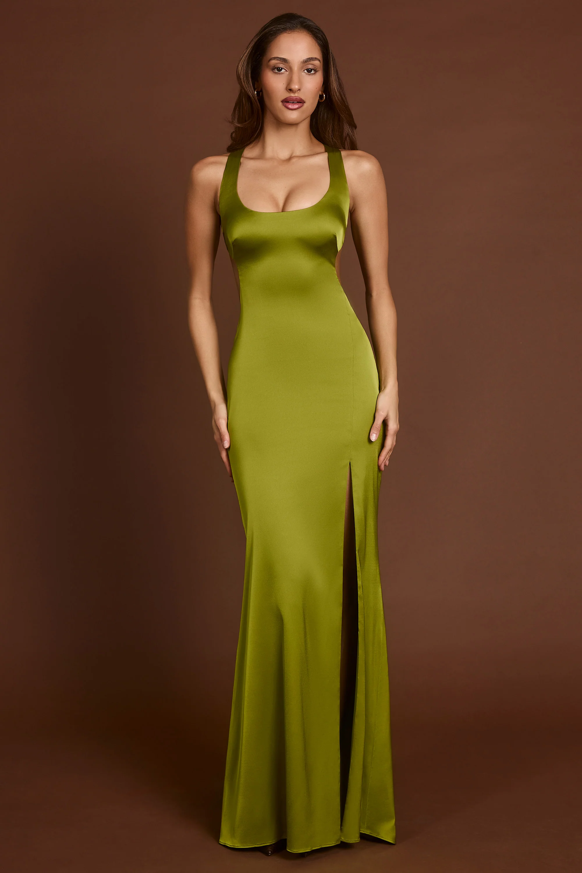 Scoop-Neck Lace-up Back Maxi Dress in Olive Green - TREBLEV